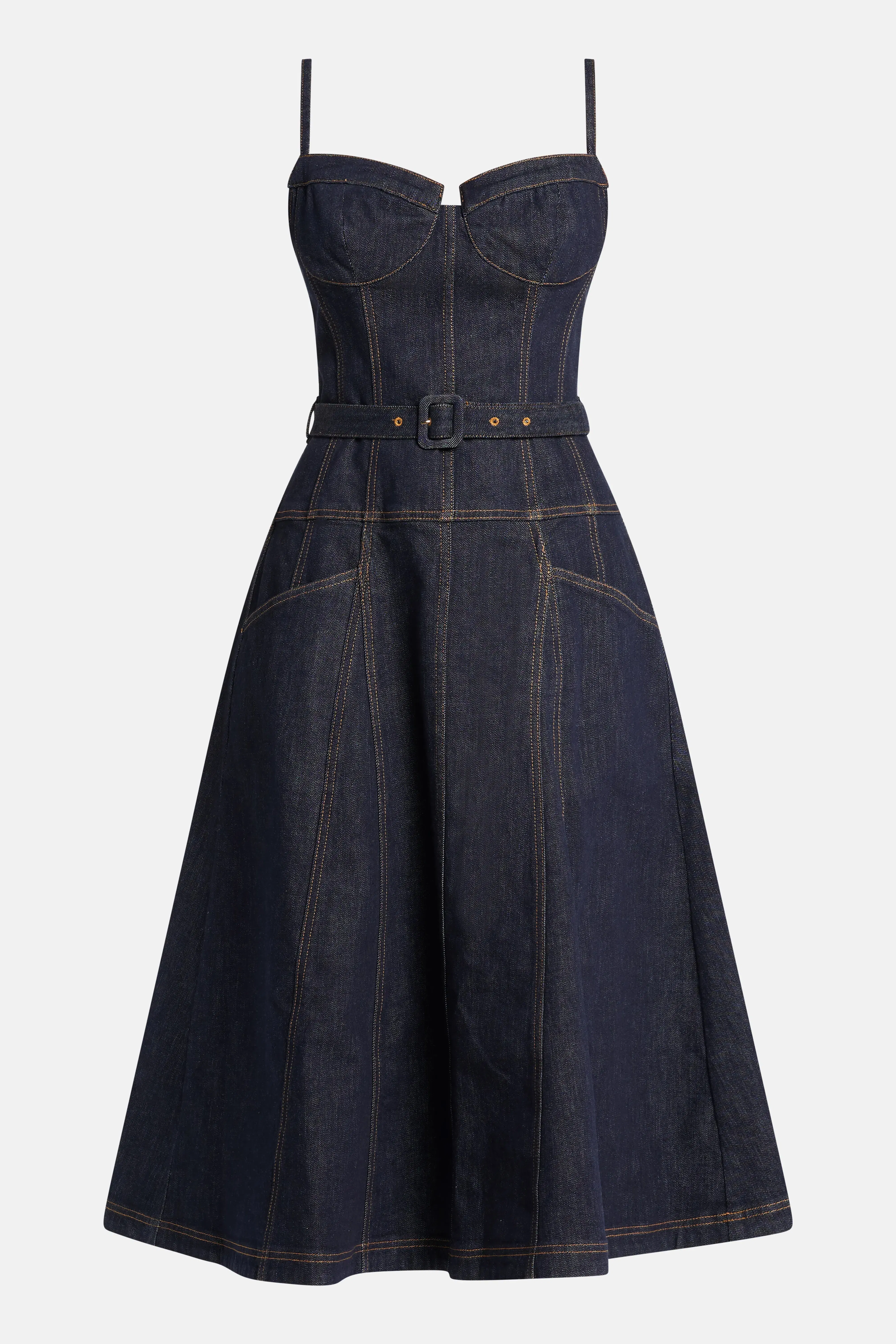 Self-Portrait Indigo Denim Sleeveless Flared Cotton Midi Dress in Blue