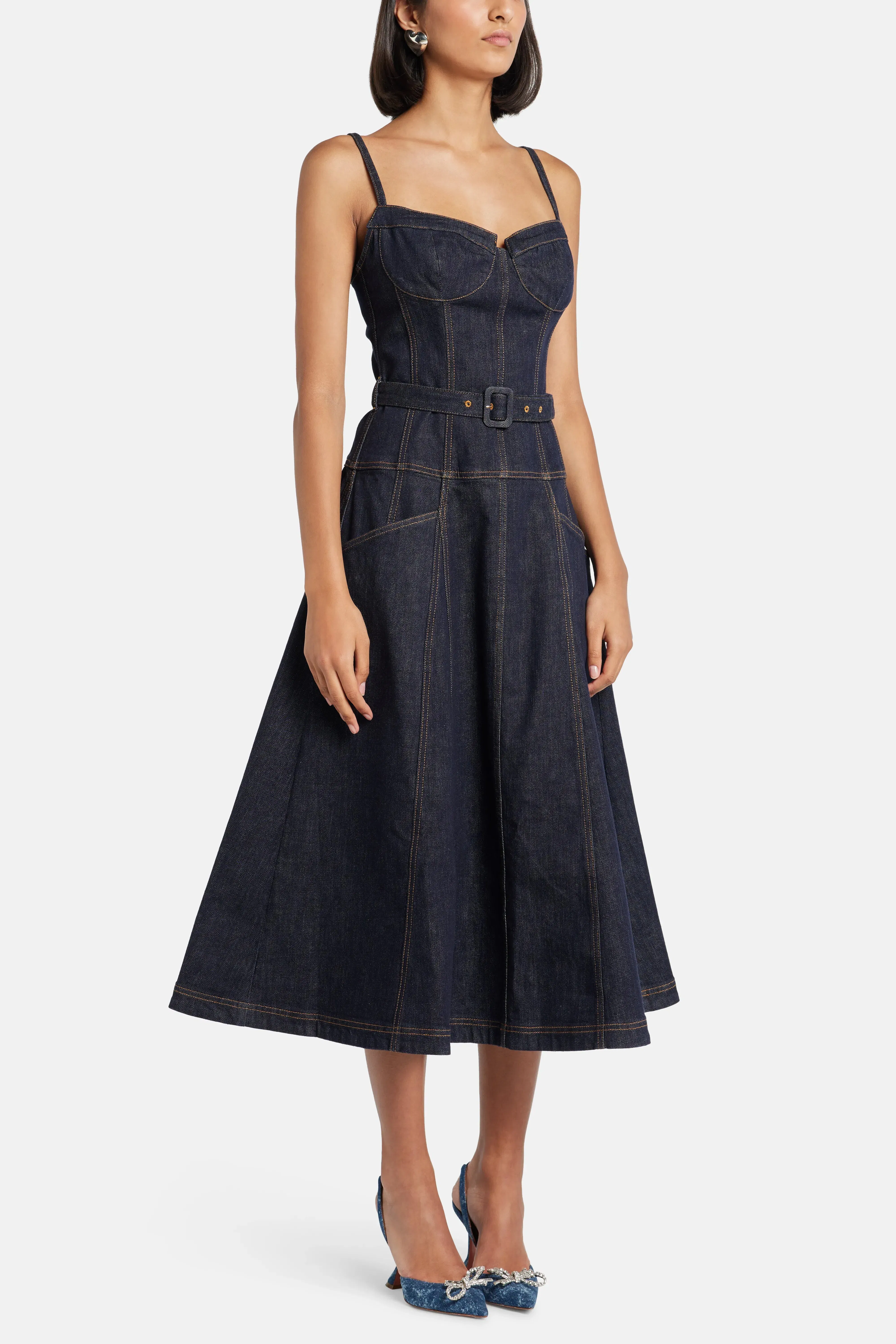 Self-Portrait Indigo Denim Sleeveless Flared Cotton Midi Dress in Blue