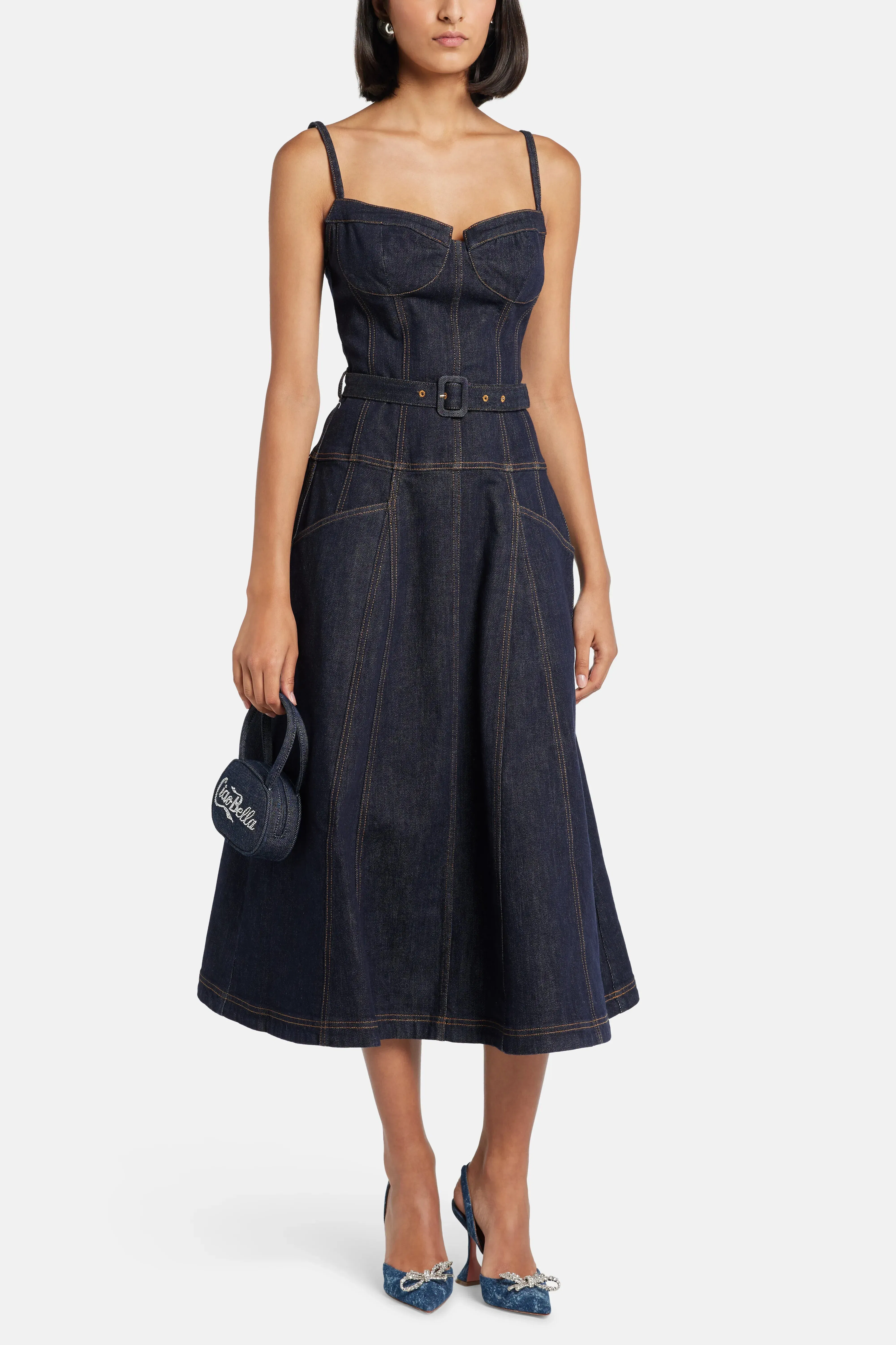 Self-Portrait Indigo Denim Sleeveless Flared Cotton Midi Dress in Blue