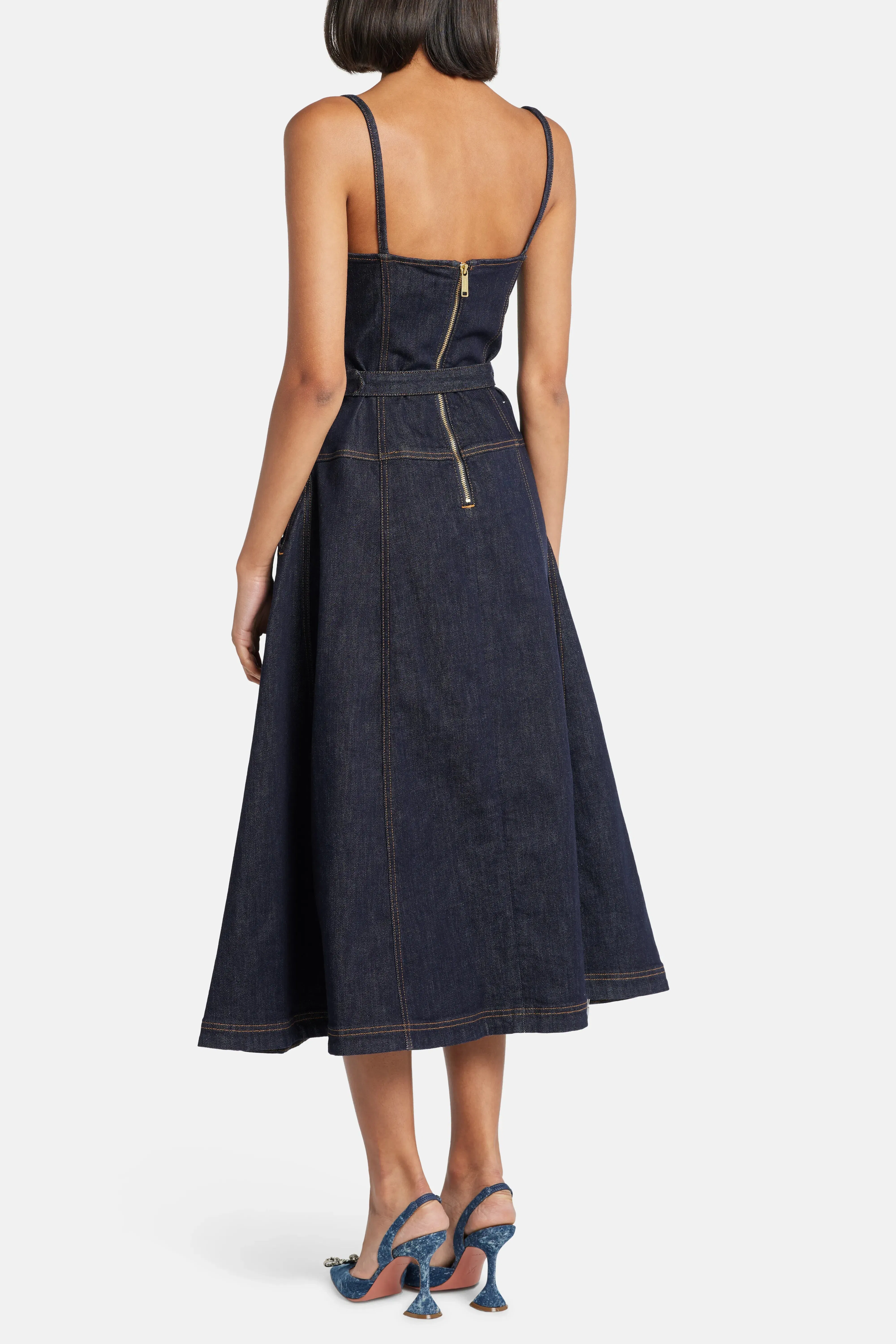 Self-Portrait Indigo Denim Sleeveless Flared Cotton Midi Dress in Blue