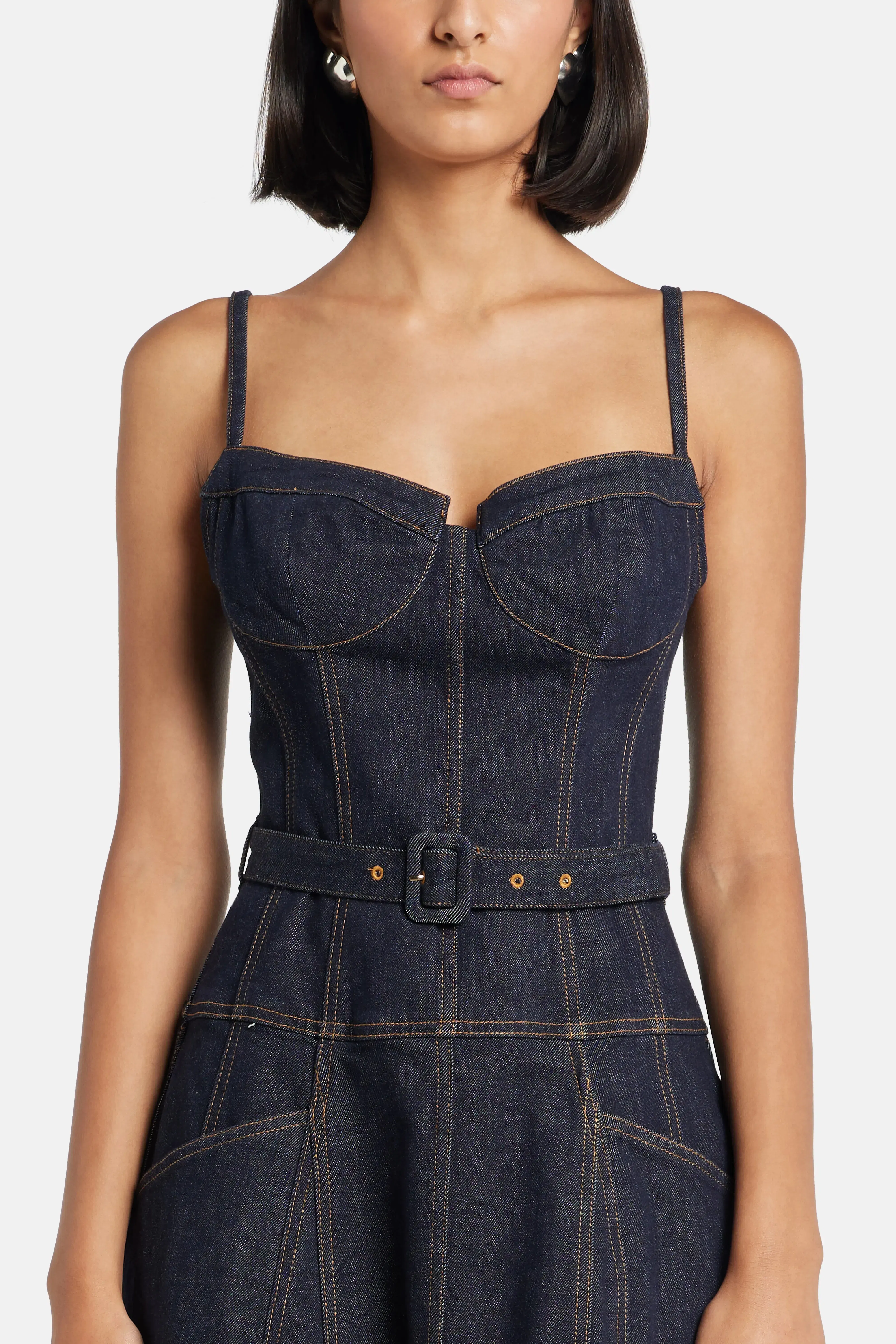 Self-Portrait Indigo Denim Sleeveless Flared Cotton Midi Dress in Blue