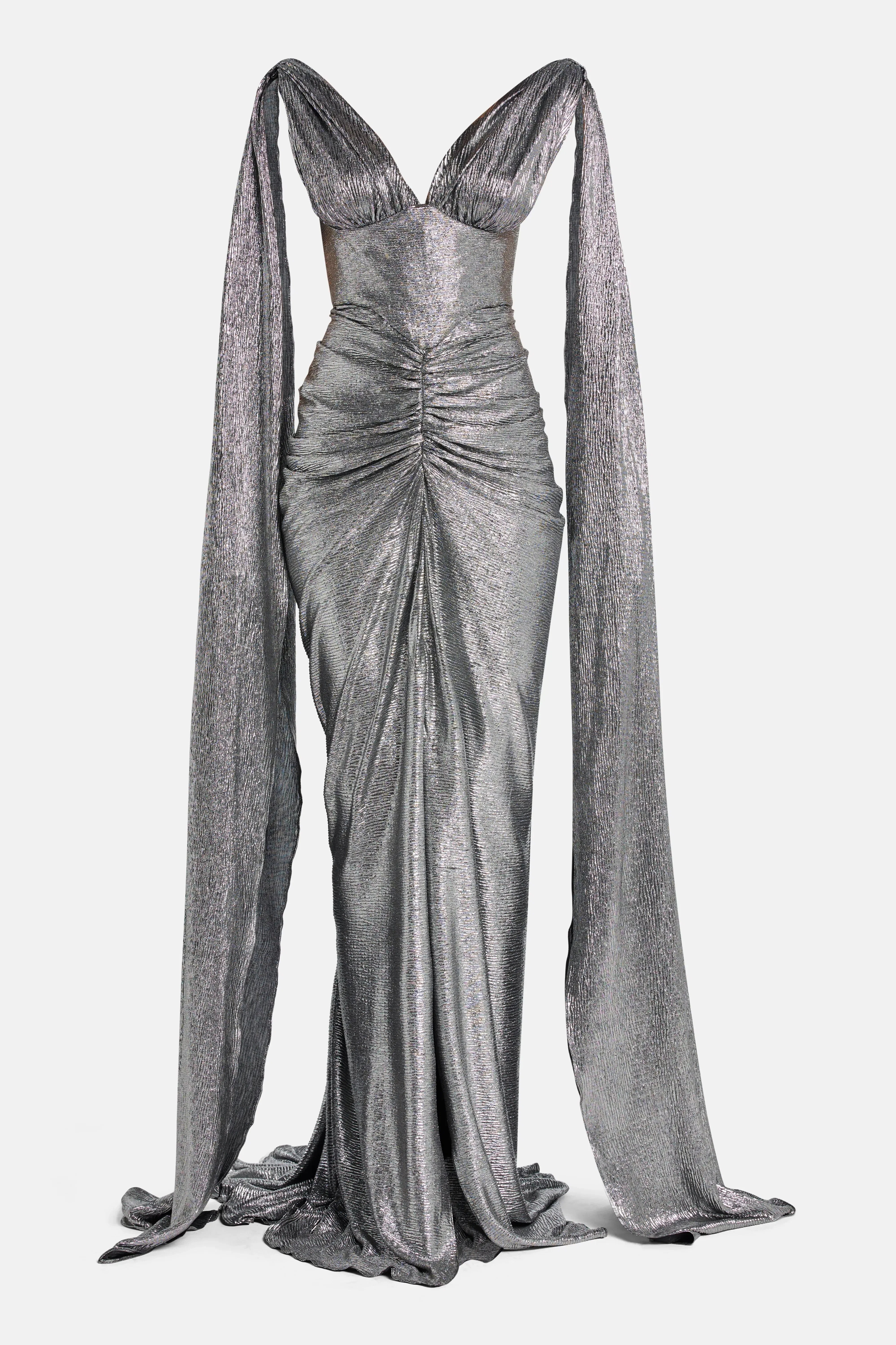 Rhea Costa Sari Ruched Cape Sleeves Evening Gown Dress in Silver