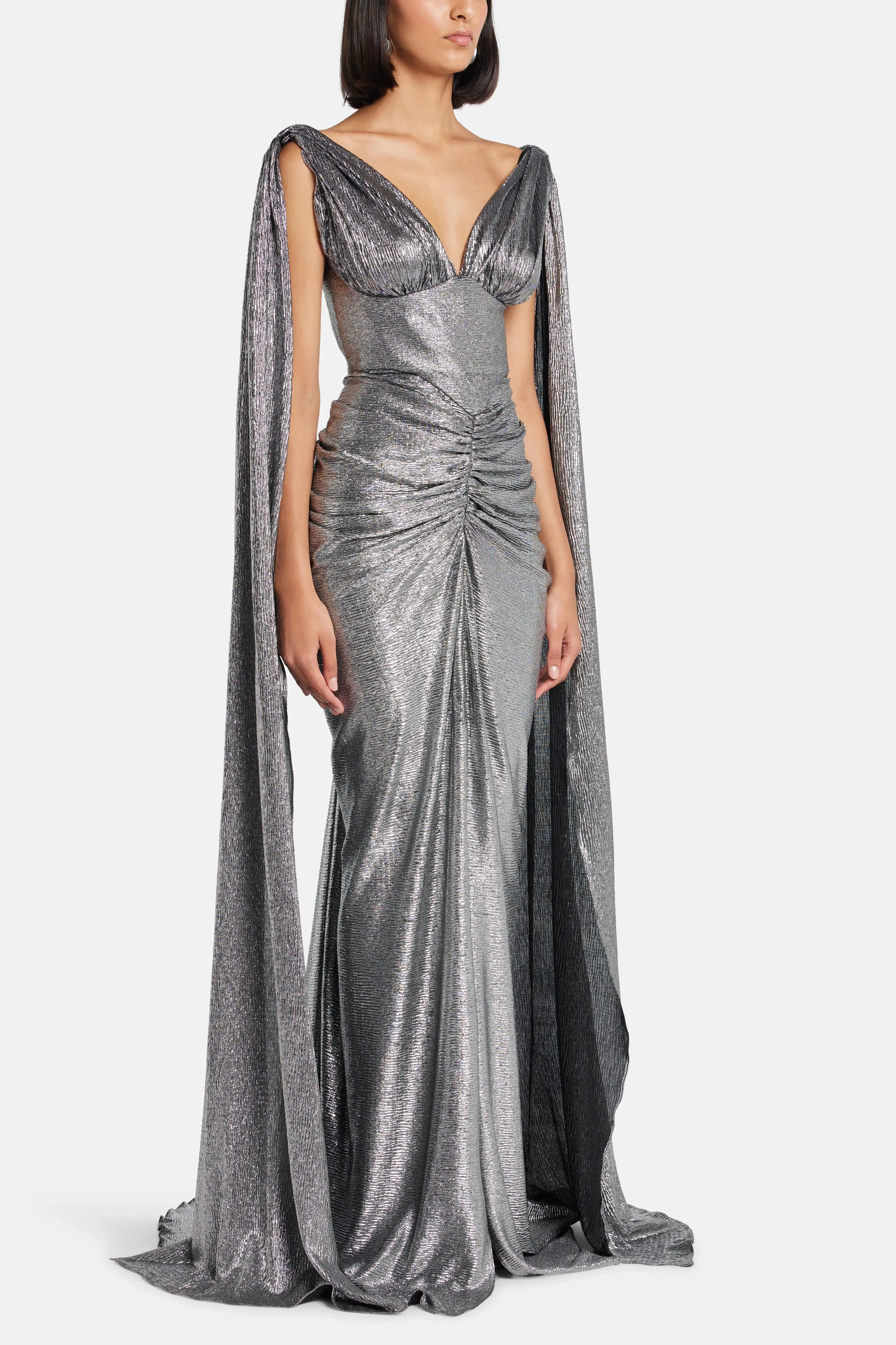 Rhea Costa Sari Ruched Cape Sleeves Evening Gown Dress in Silver