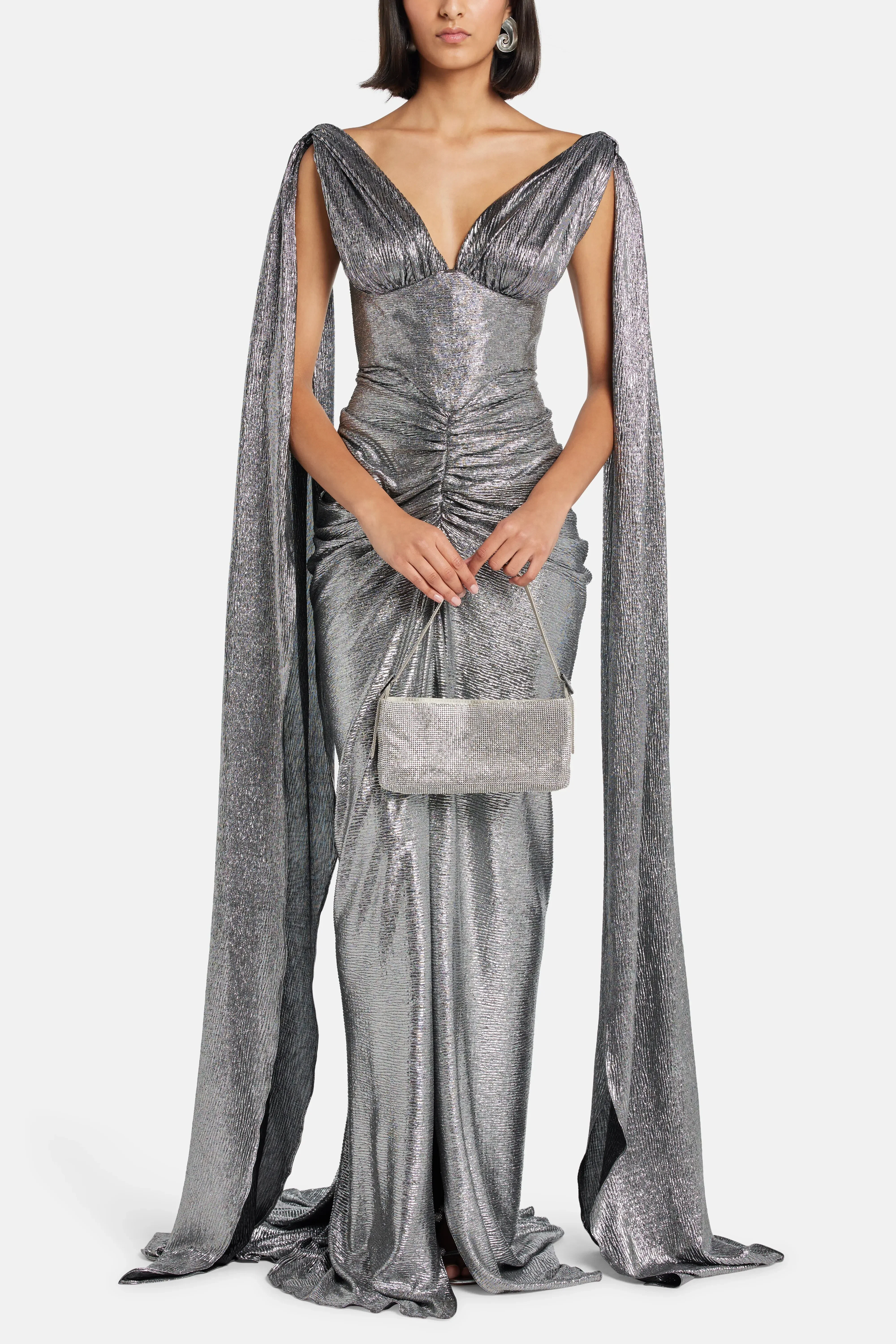 Rhea Costa Sari Ruched Cape Sleeves Evening Gown Dress in Silver