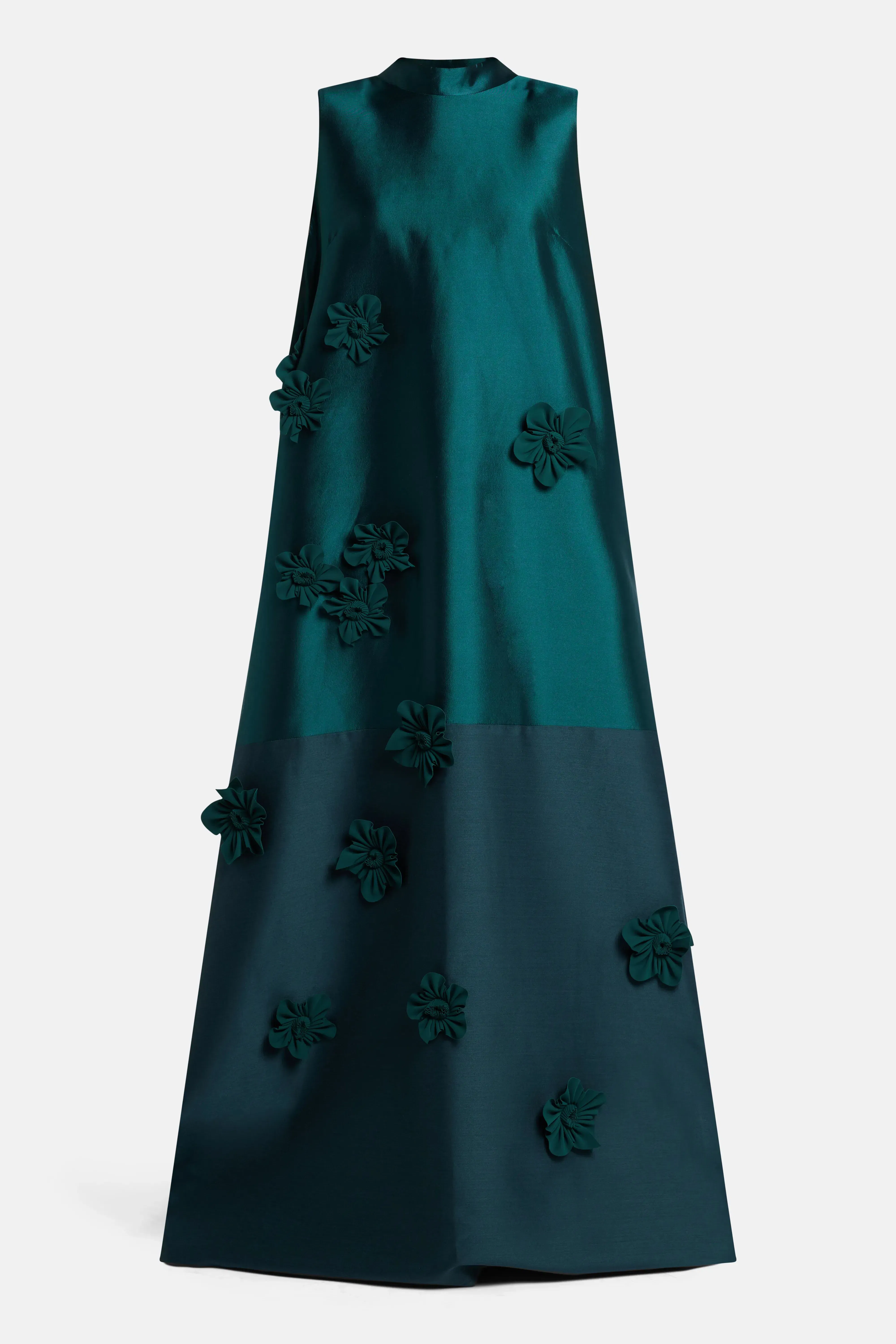 Greta Constantine A-Line Floral Applique Sleeveless Silk Evening Gown in Green
