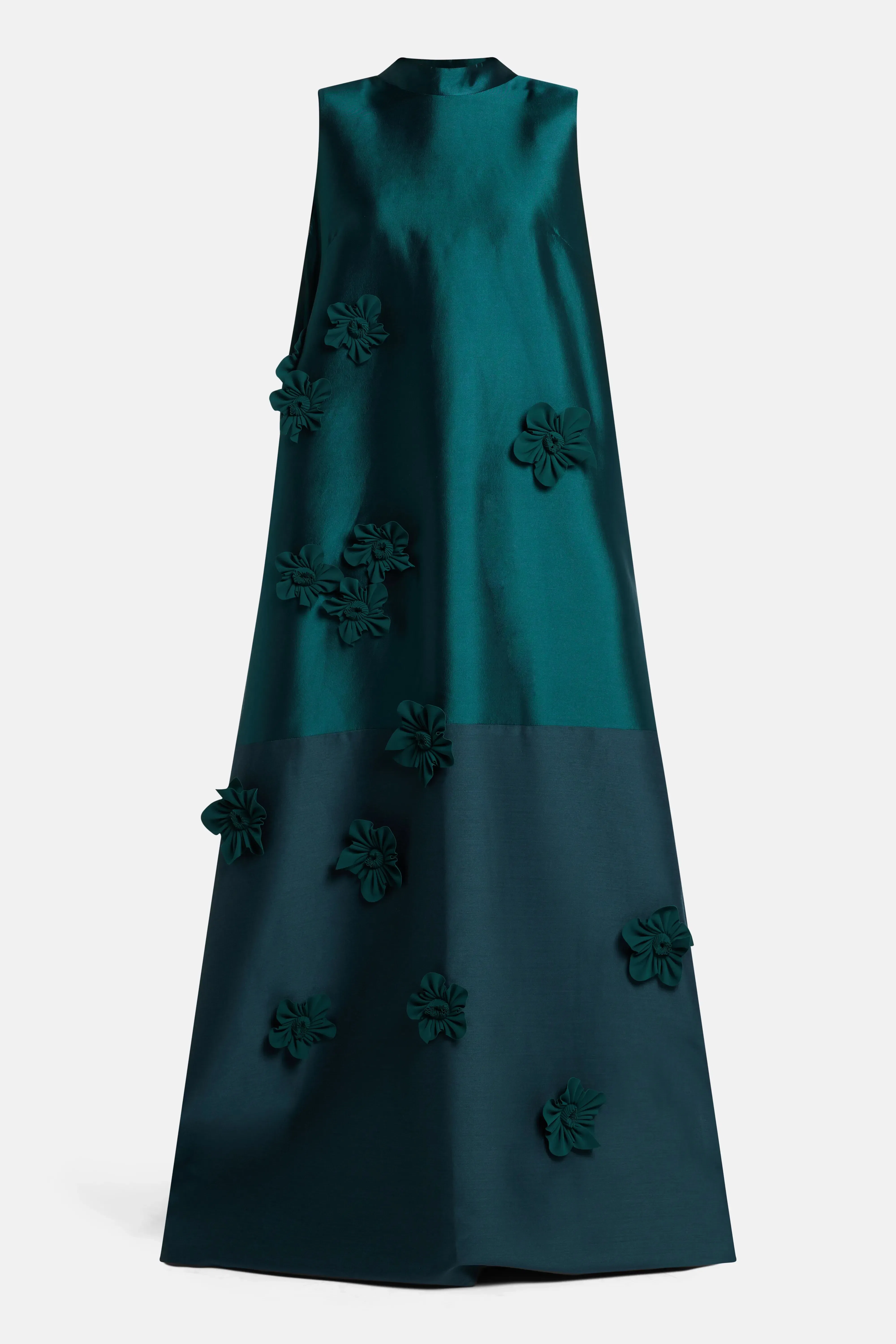 Greta Constantine A-Line Floral Applique Sleeveless Silk Evening Gown in Green