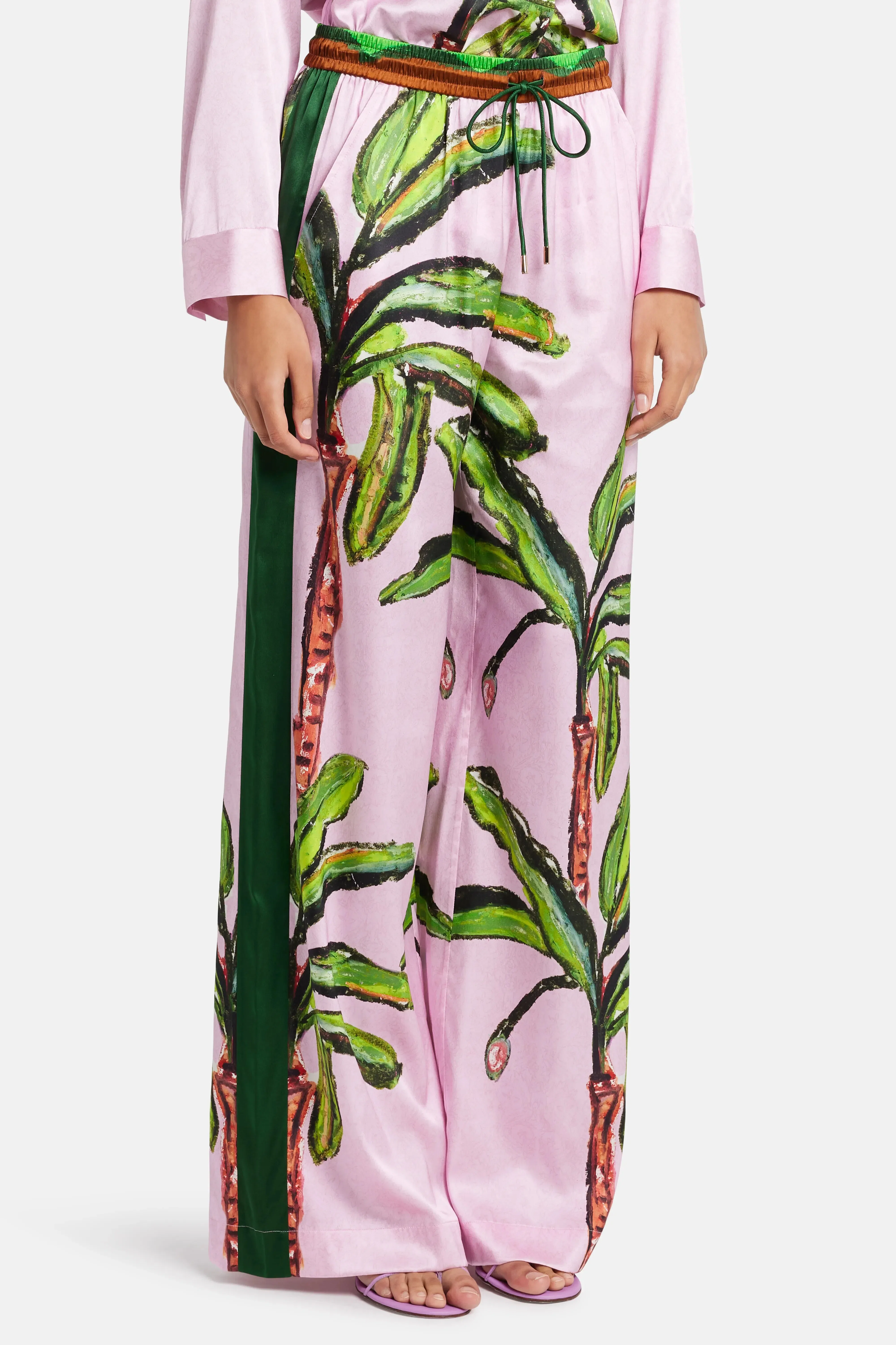 Jessica Russell Flint Kumulau Silk Lounge Drawstring Wide Legged Pants in Pink