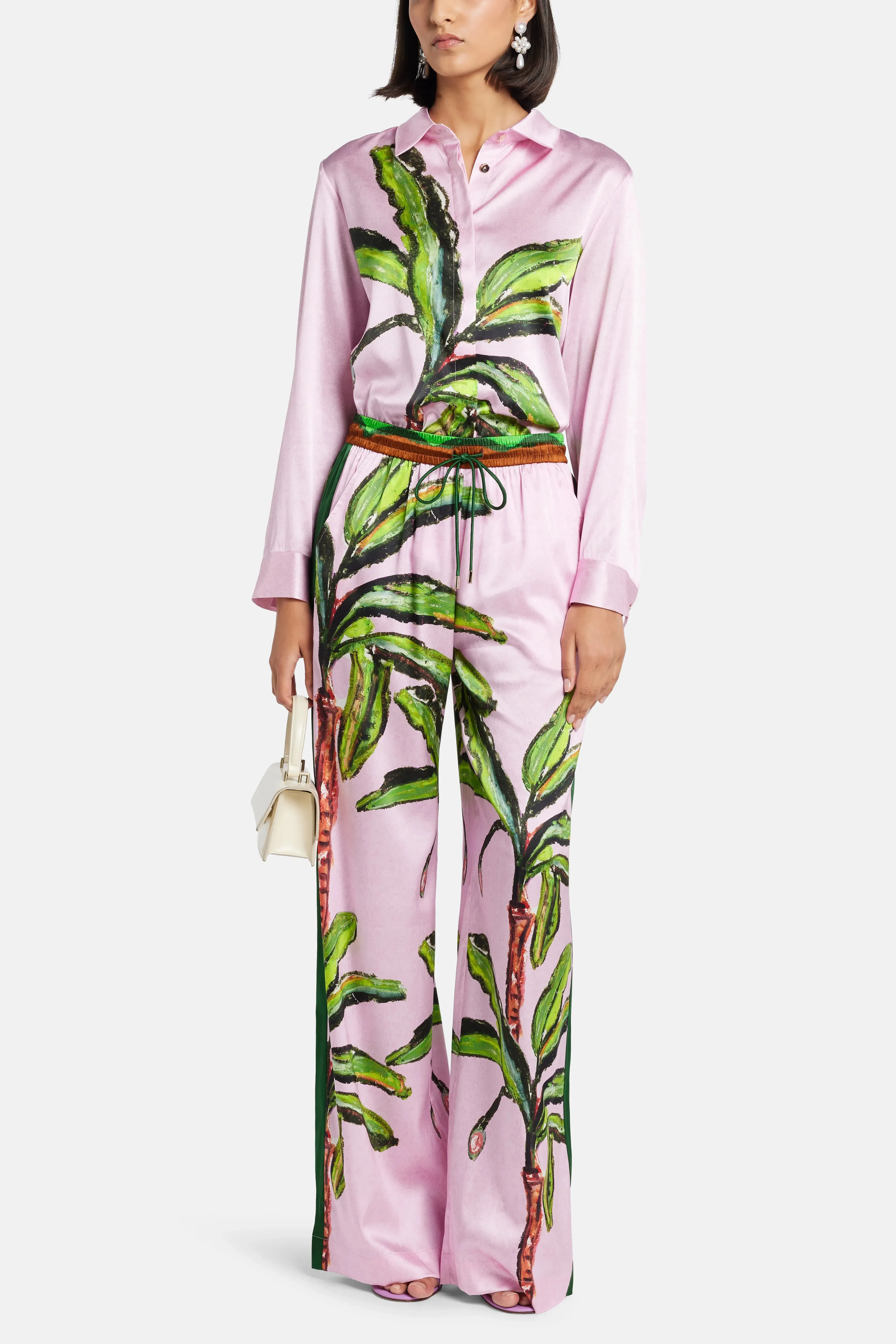 Jessica Russell Flint Kumulau Silk Lounge Drawstring Wide Legged Pants in Pink
