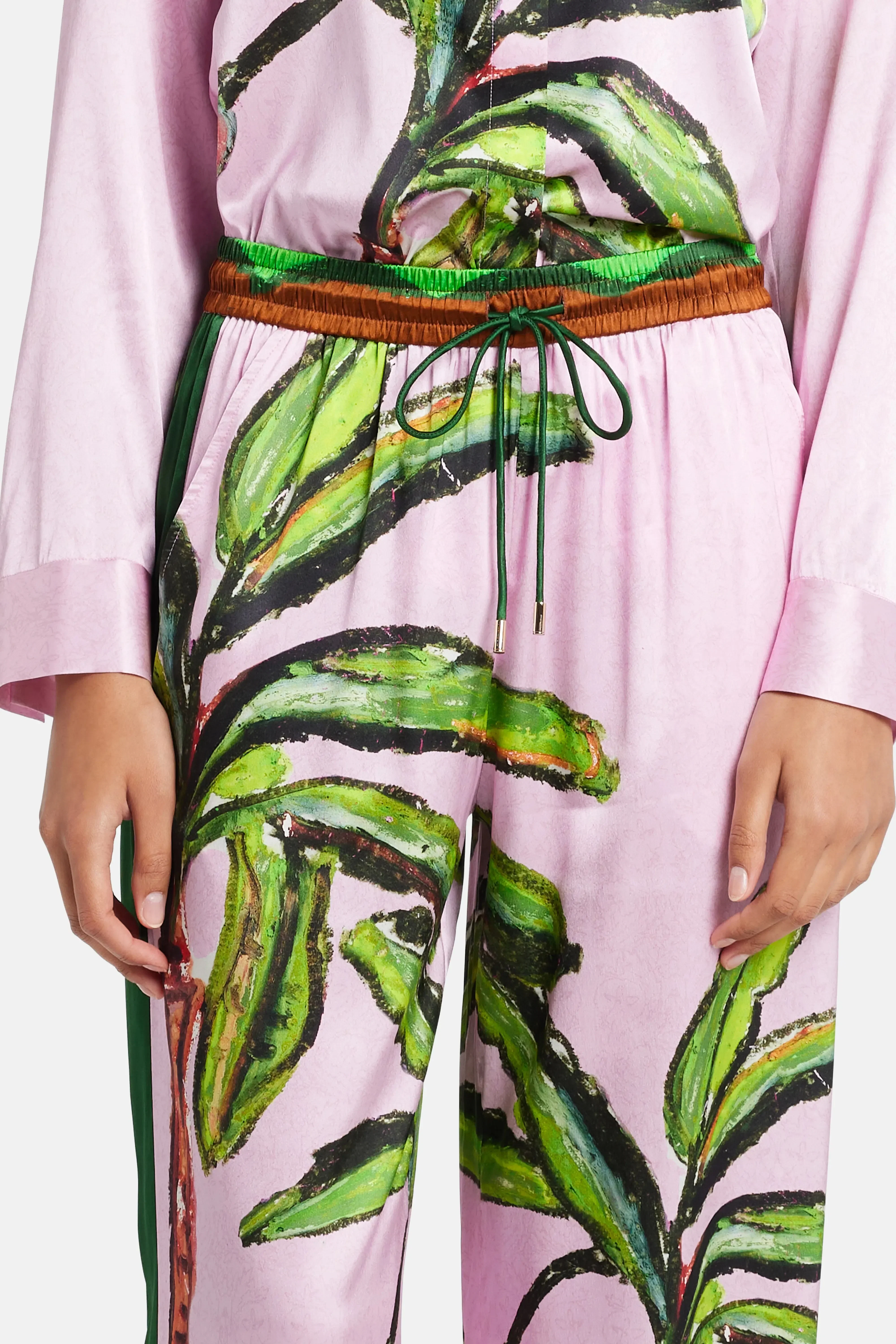 Jessica Russell Flint Kumulau Silk Lounge Drawstring Wide Legged Pants in Pink