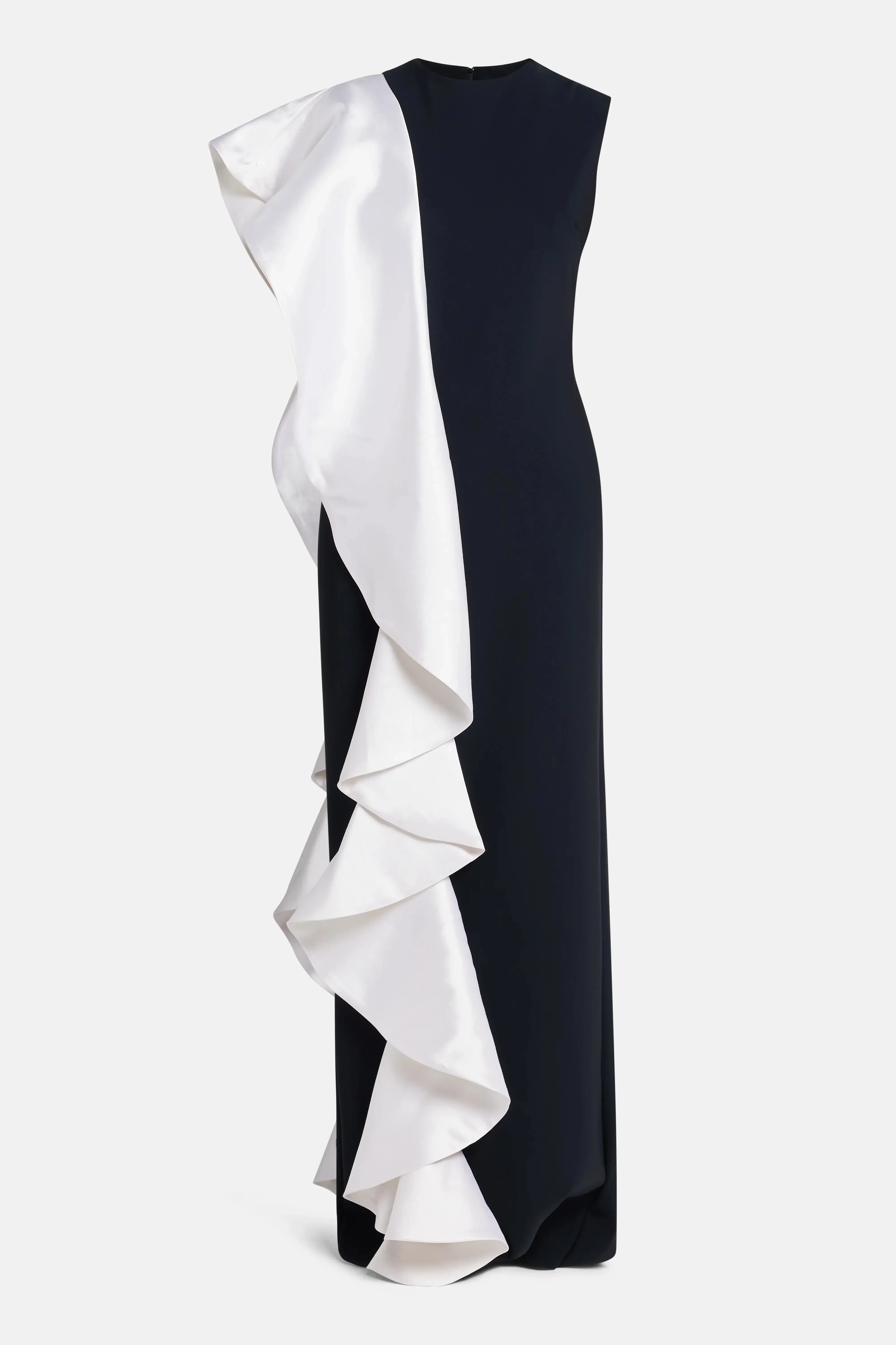 Greta Constantine Ruffle Trim Sleeveless Evening Gown in Black and White