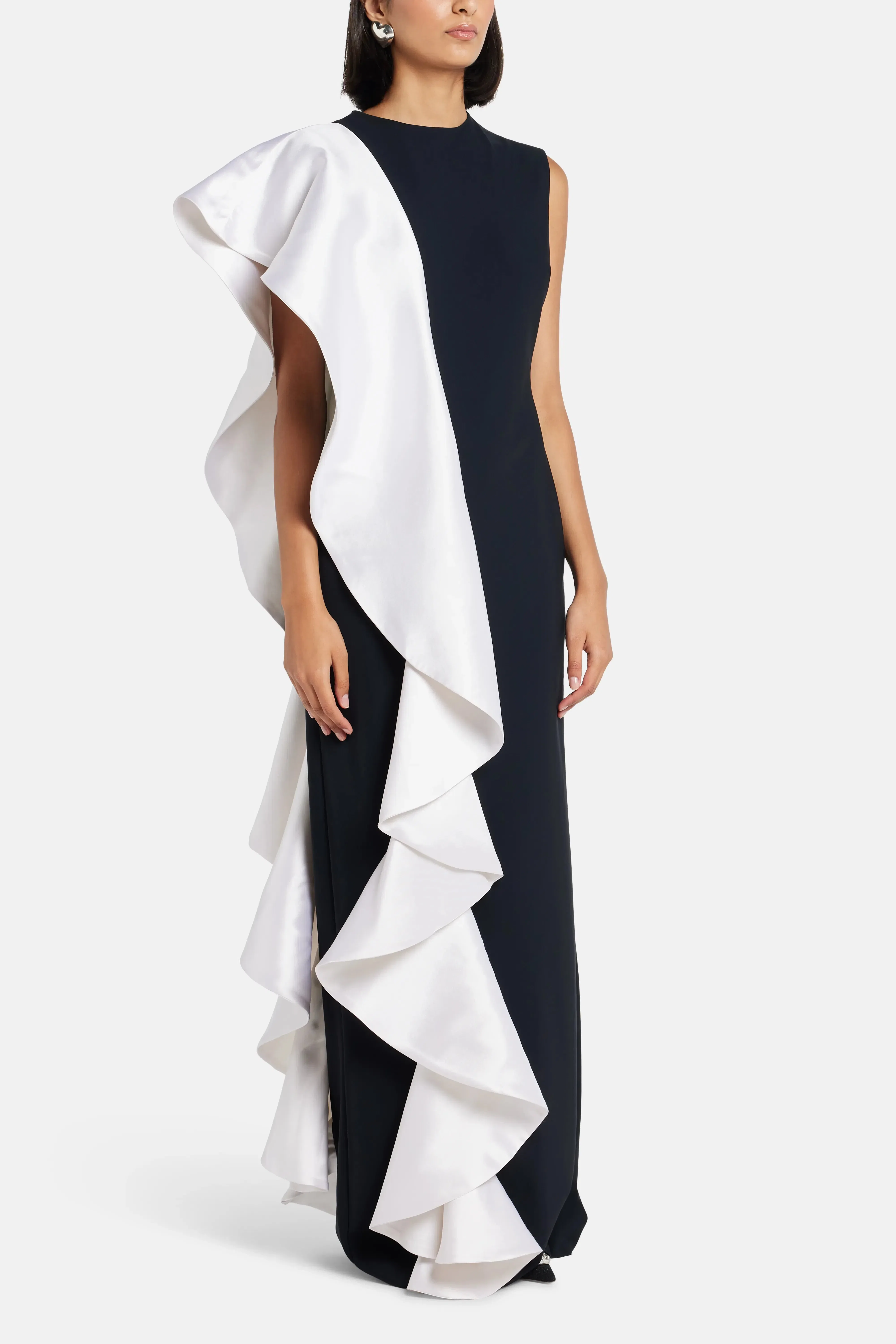 Greta Constantine Ruffle Trim Sleeveless Evening Gown in Black and White