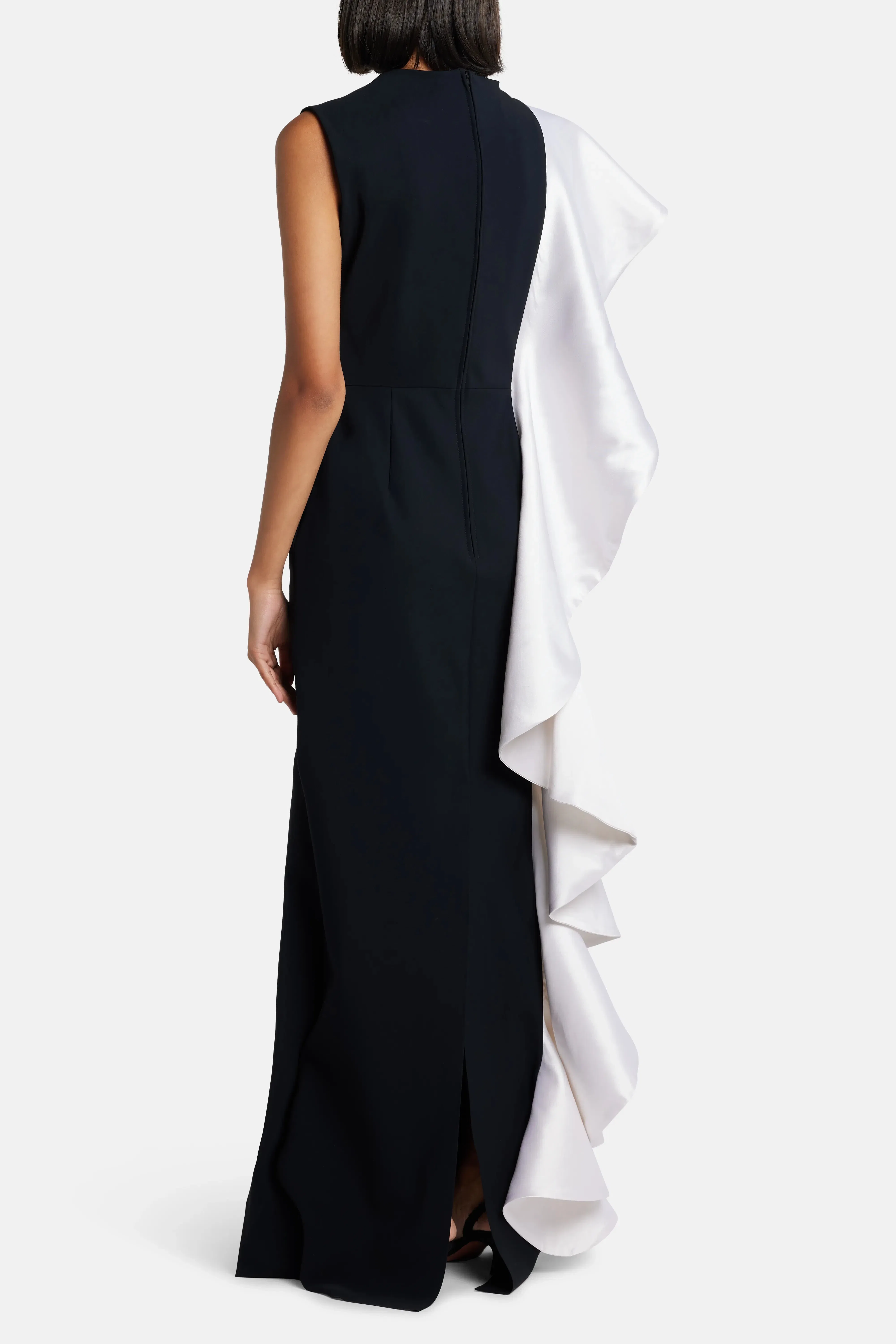 Greta Constantine Ruffle Trim Sleeveless Evening Gown in Black and White