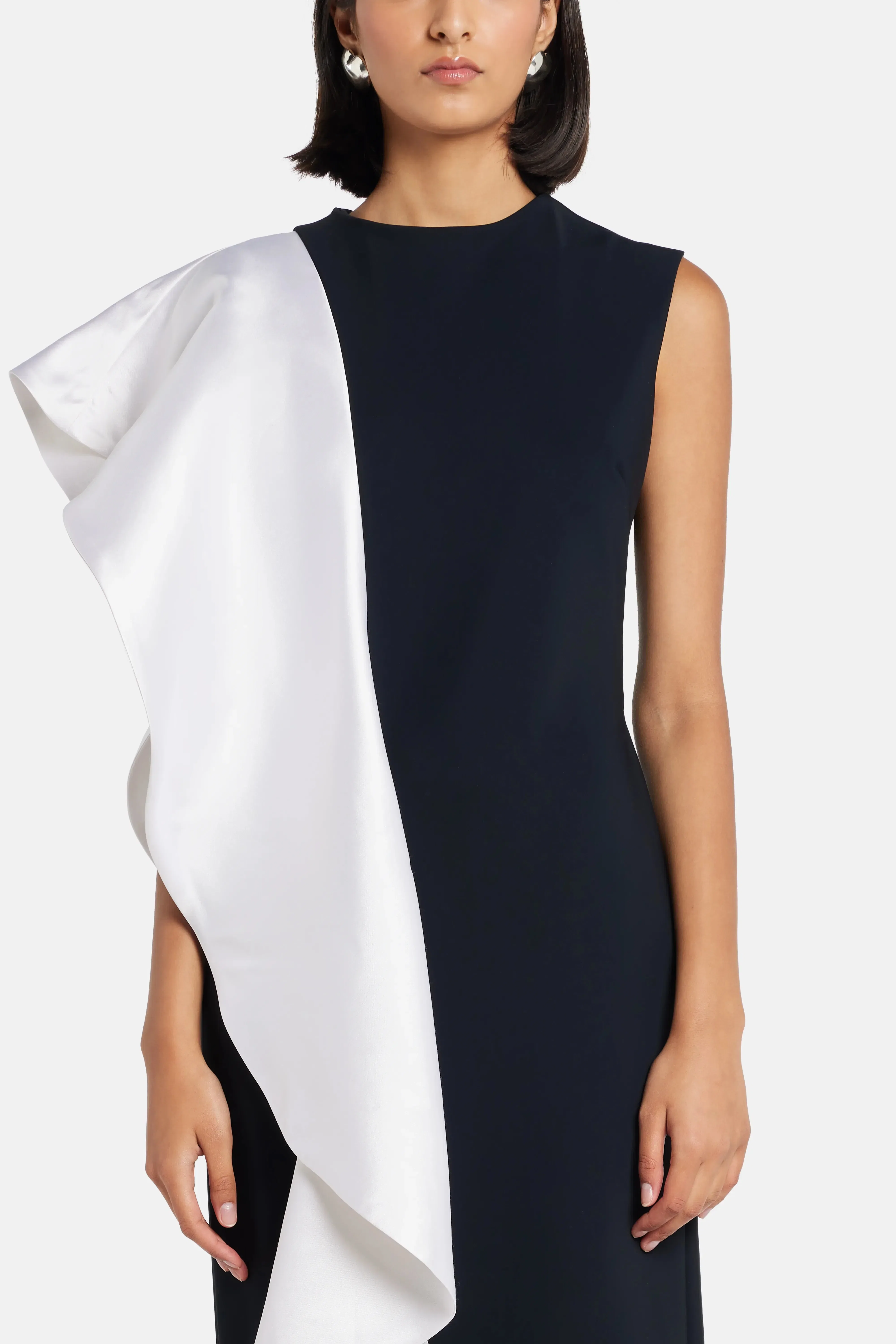 Greta Constantine Ruffle Trim Sleeveless Evening Gown in Black and White