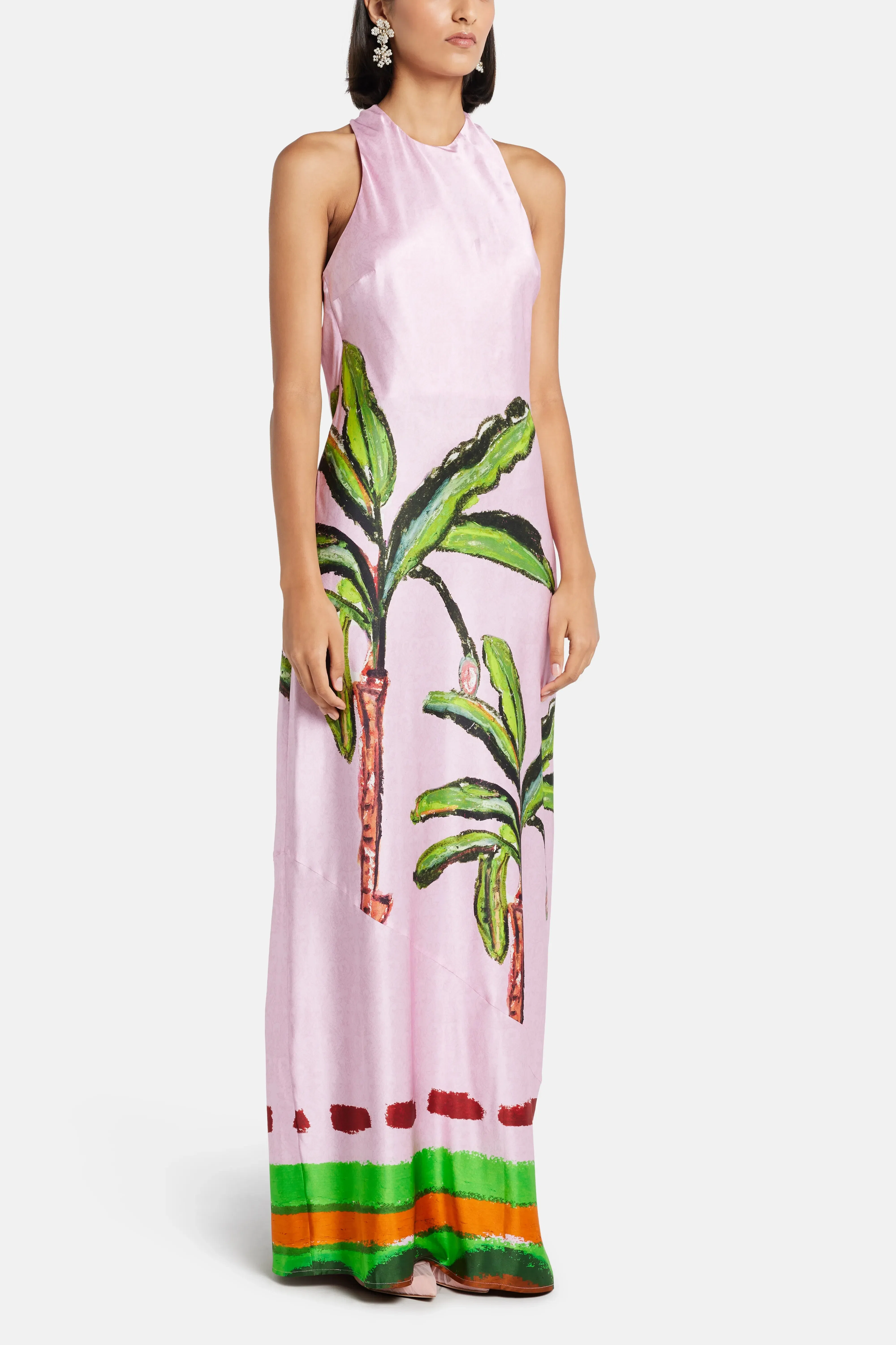 Jessica Russell Flint Kumulau Draped Back Sleeveless Silk Maxi Dress in Pink