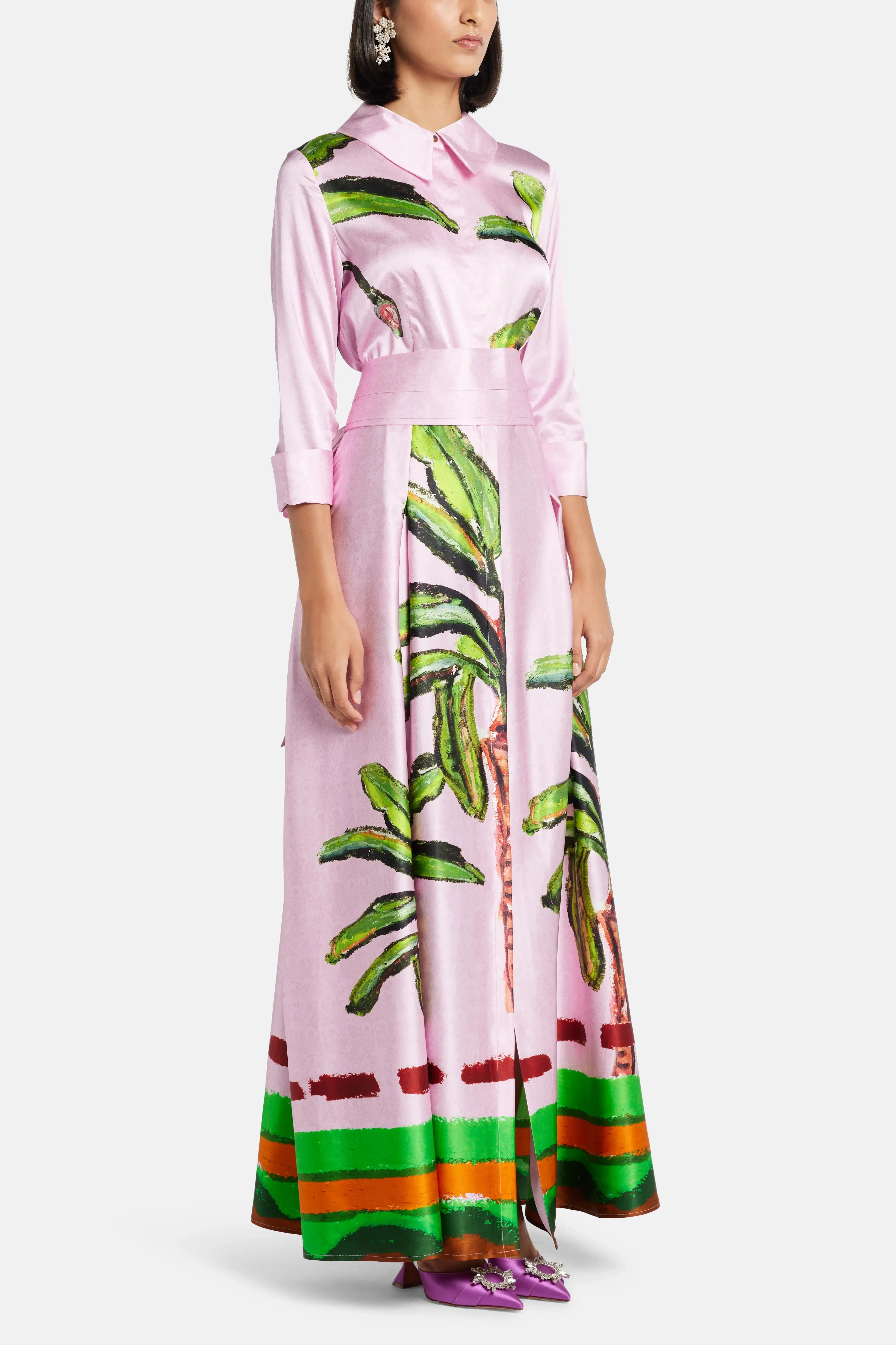 Jessica Russell Flint Kumulau Belted Silk Shirt Maxi Dress in Pink