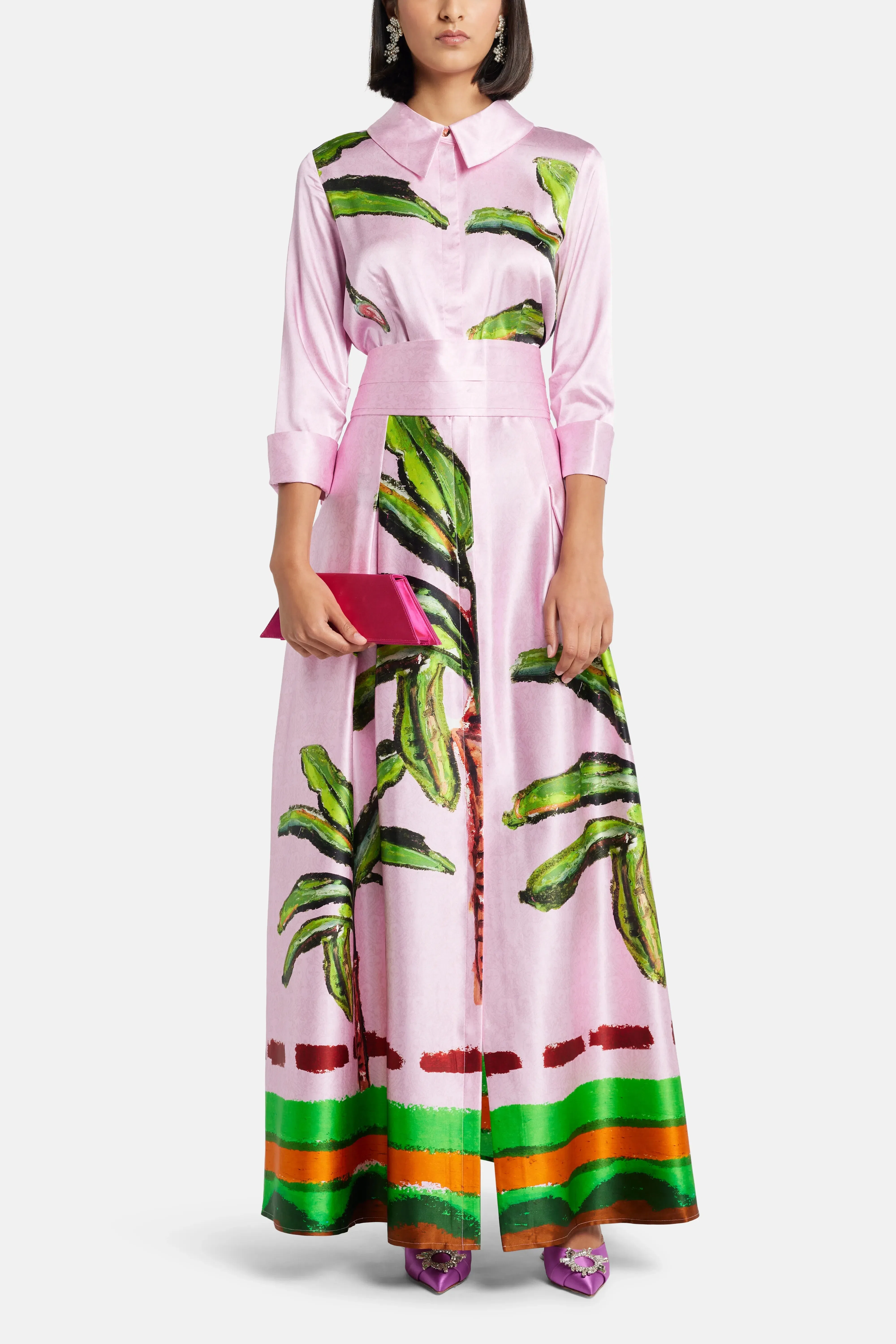 Jessica Russell Flint Kumulau Belted Silk Shirt Maxi Dress in Pink