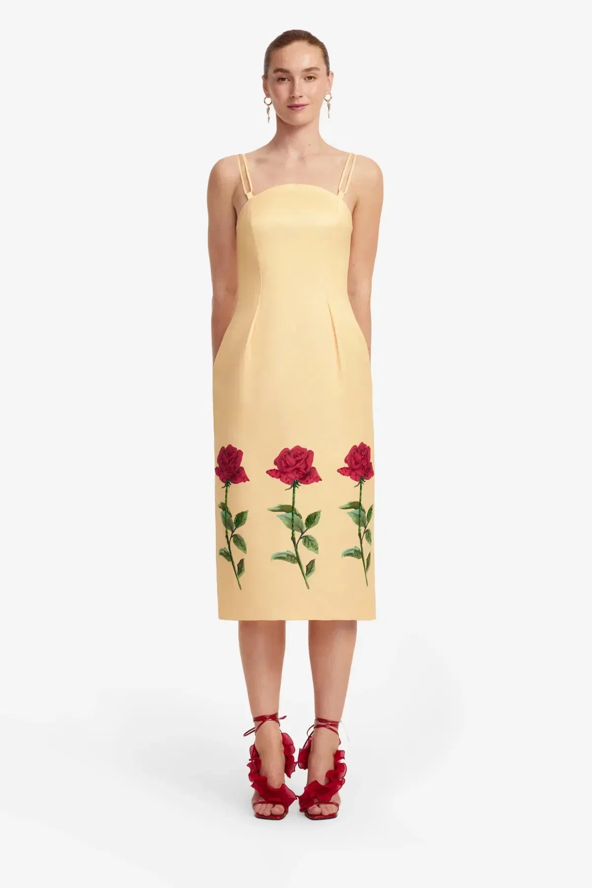 Leo Lin Polina Embellished Rose Sleeveless Midi Dress in Beige