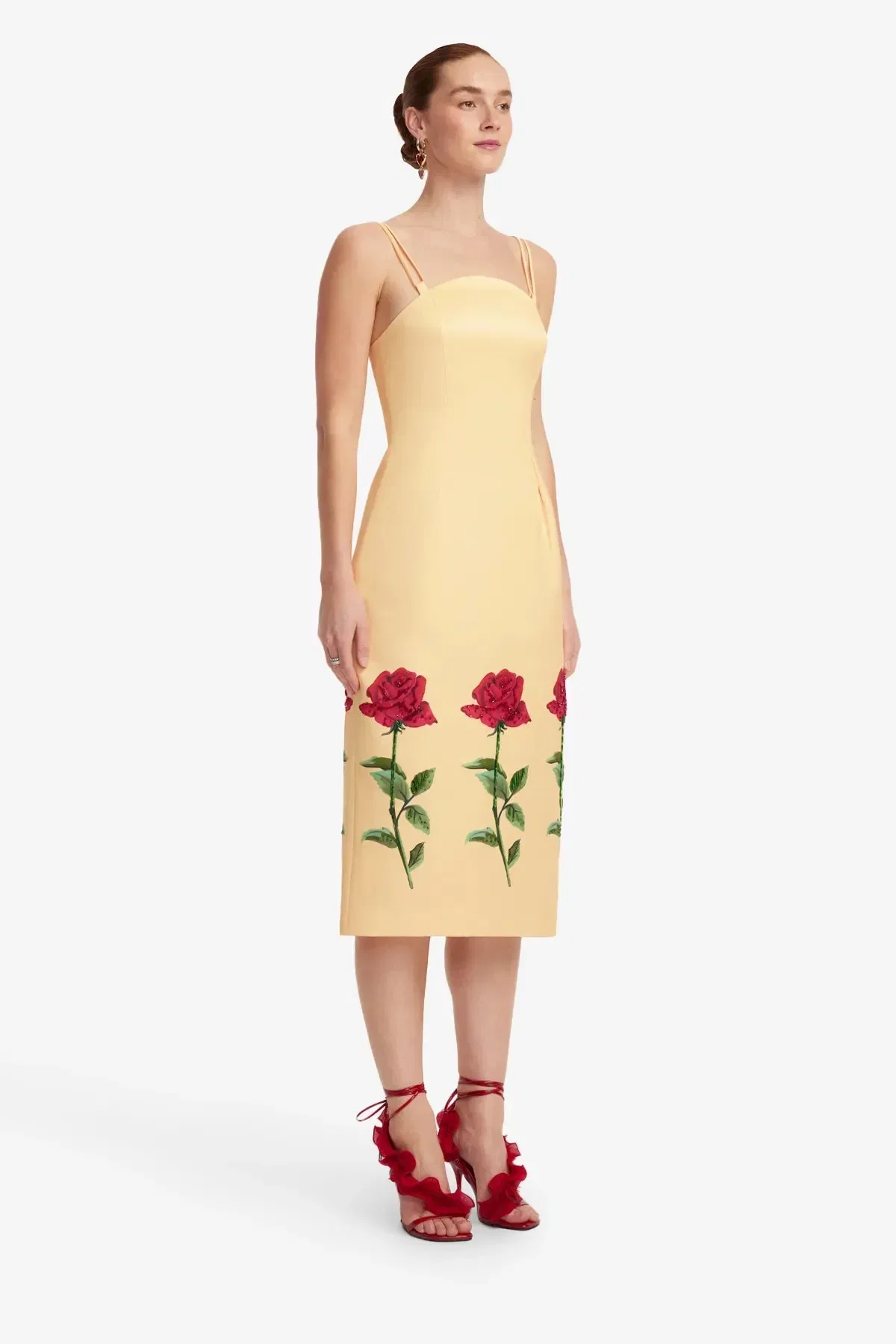 Leo Lin Polina Embellished Rose Sleeveless Midi Dress in Beige