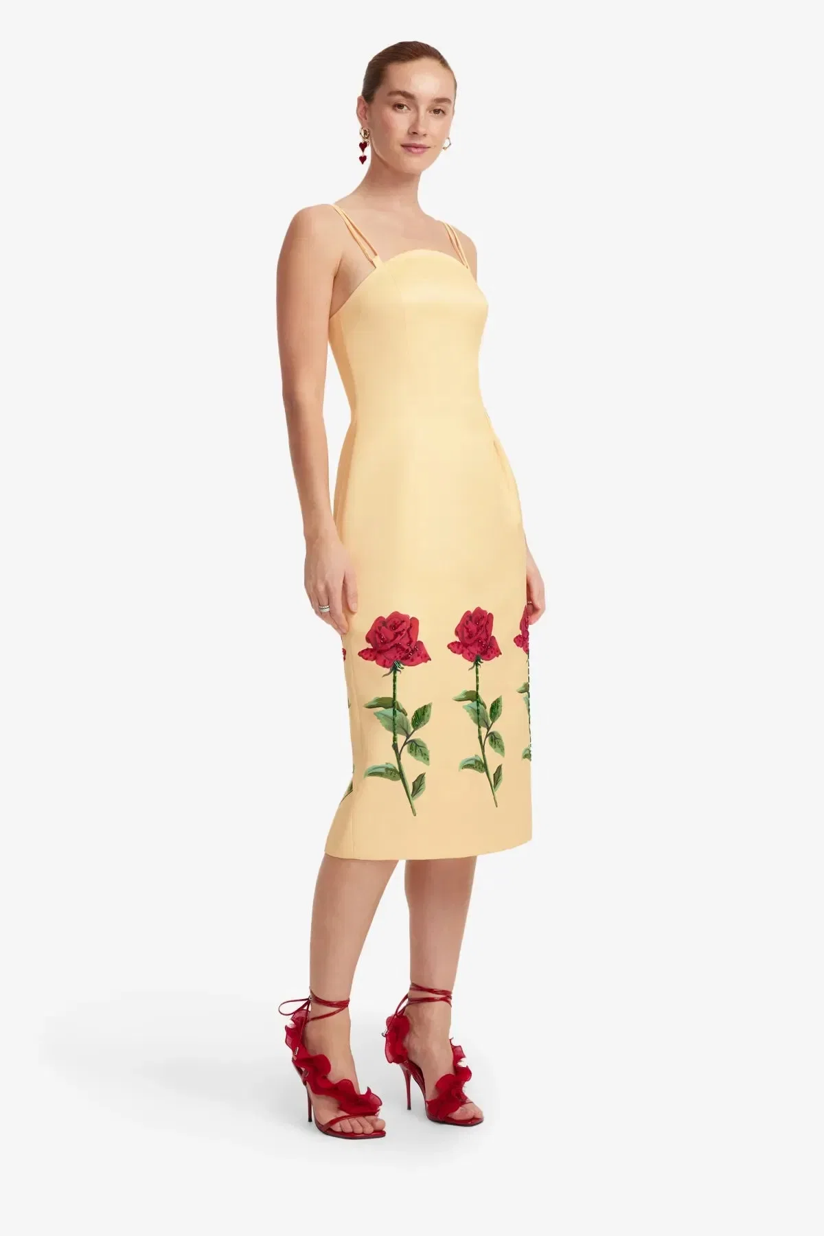 Leo Lin Polina Embellished Rose Sleeveless Midi Dress in Beige