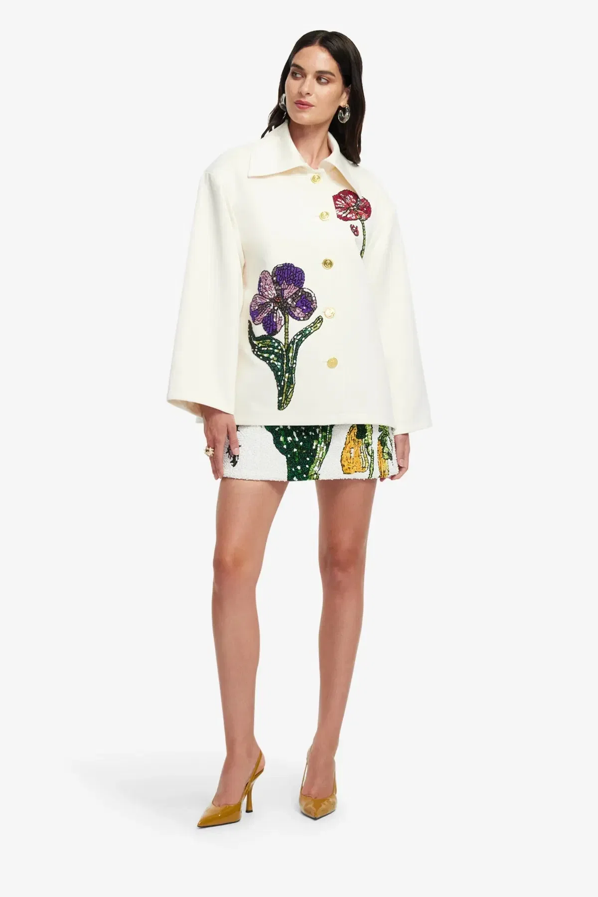Leo Lin Leyna Wildflowers Embellished Jacket in White