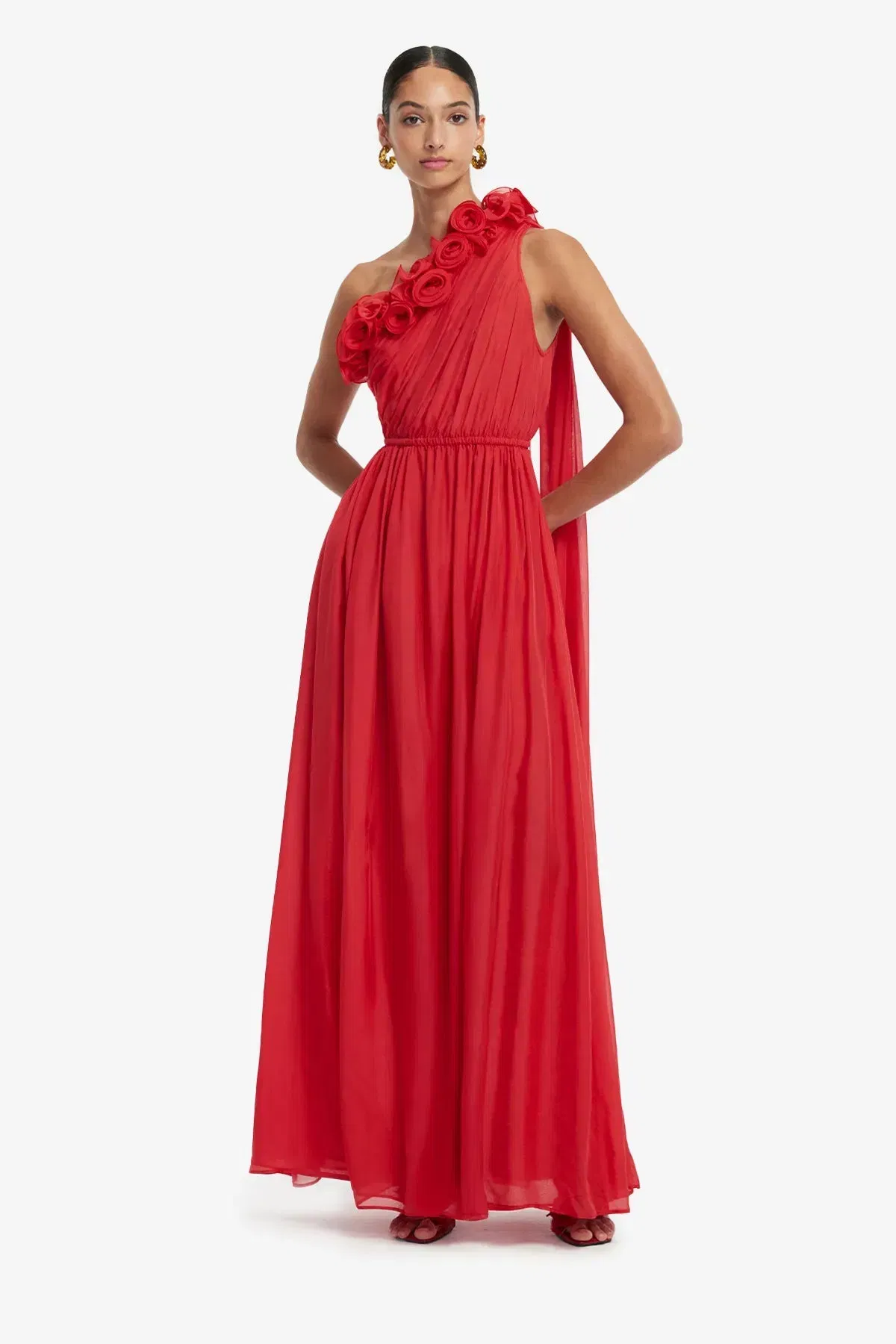 Leo Lin Jenni One Shoulder Silk Maxi Dress in Red