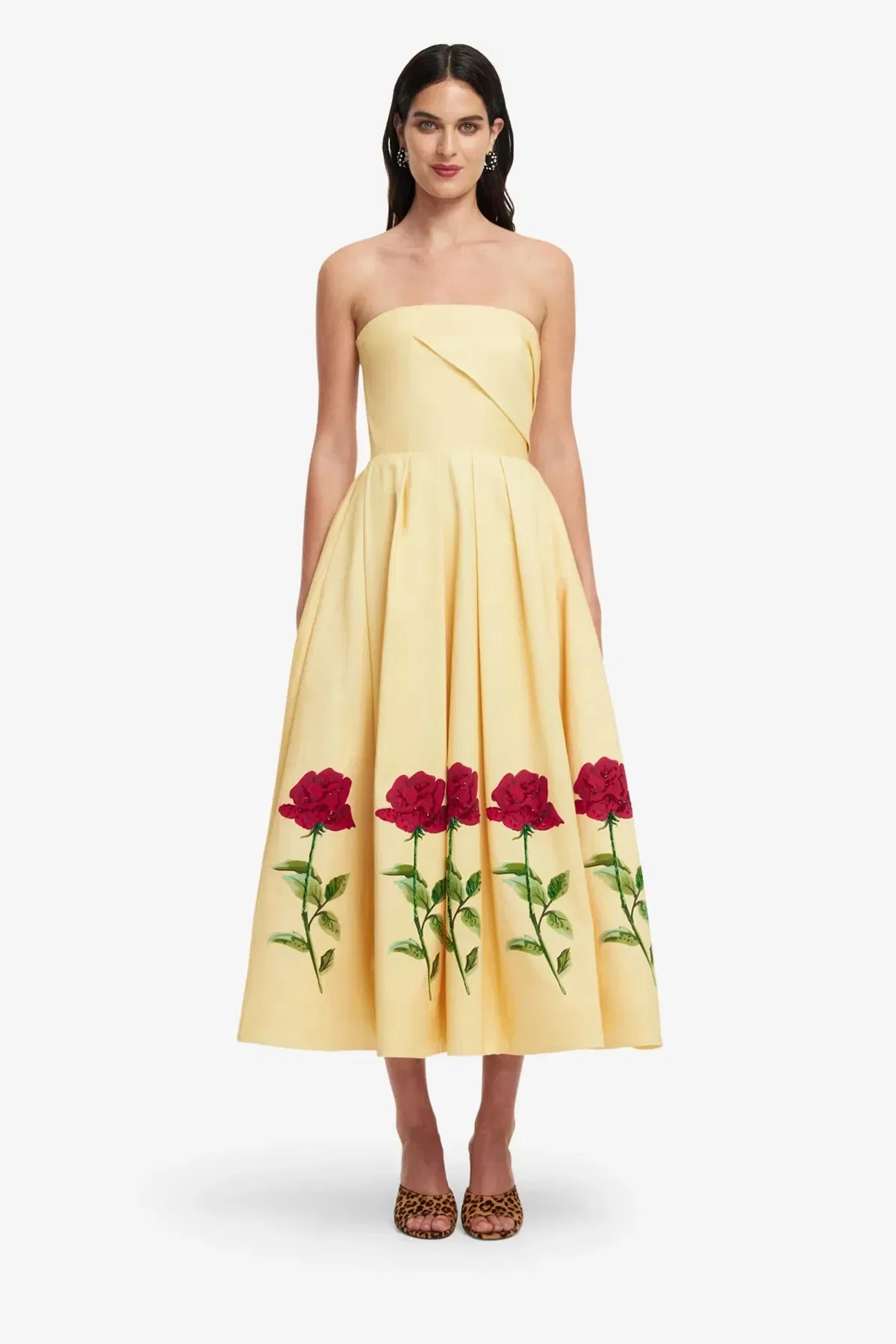 Leo Lin Lynn Embellished Rose Sleeveless Bustier Cotton Midi Dress in Beige
