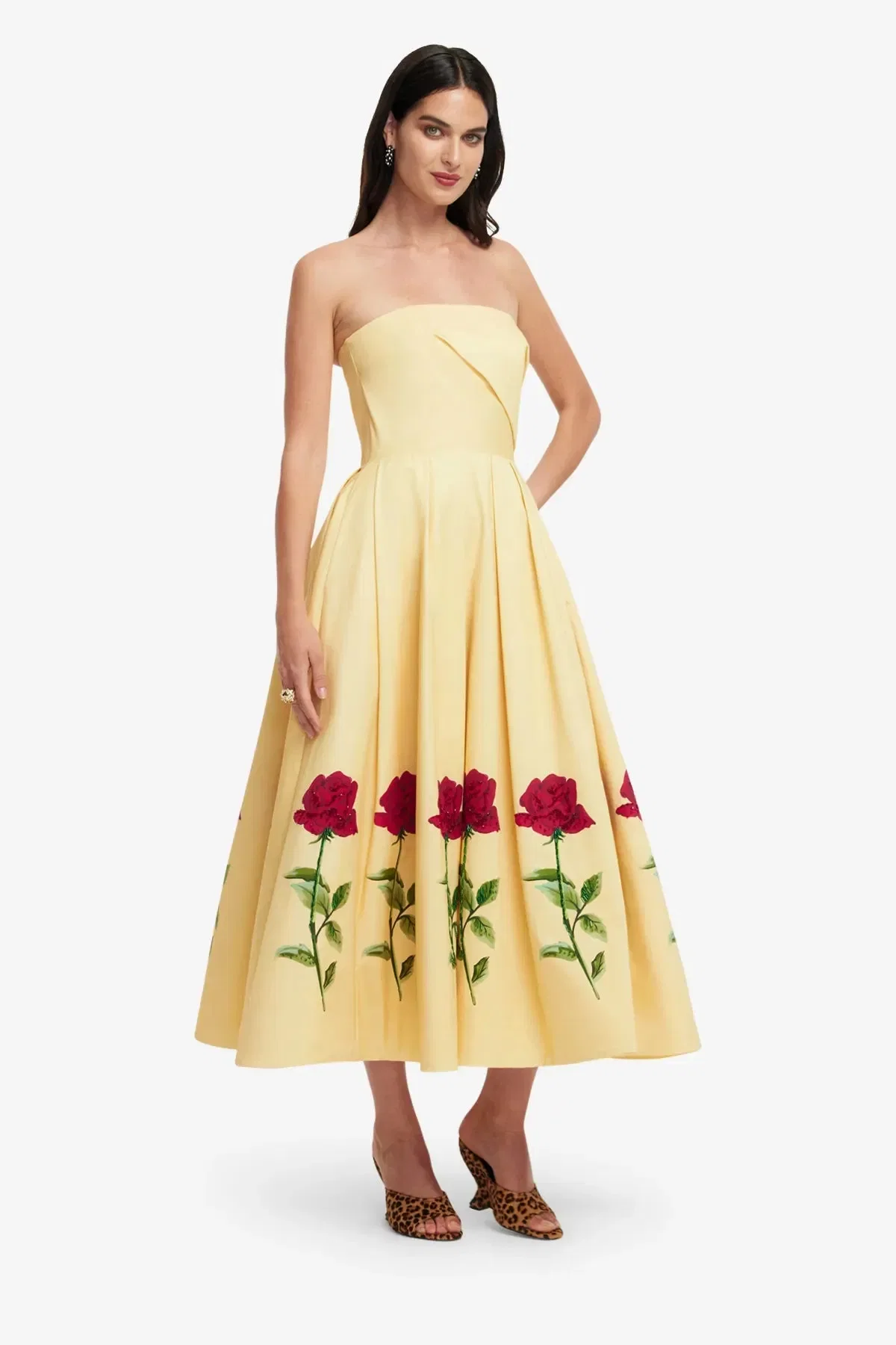 Leo Lin Lynn Embellished Rose Sleeveless Bustier Cotton Midi Dress in Beige