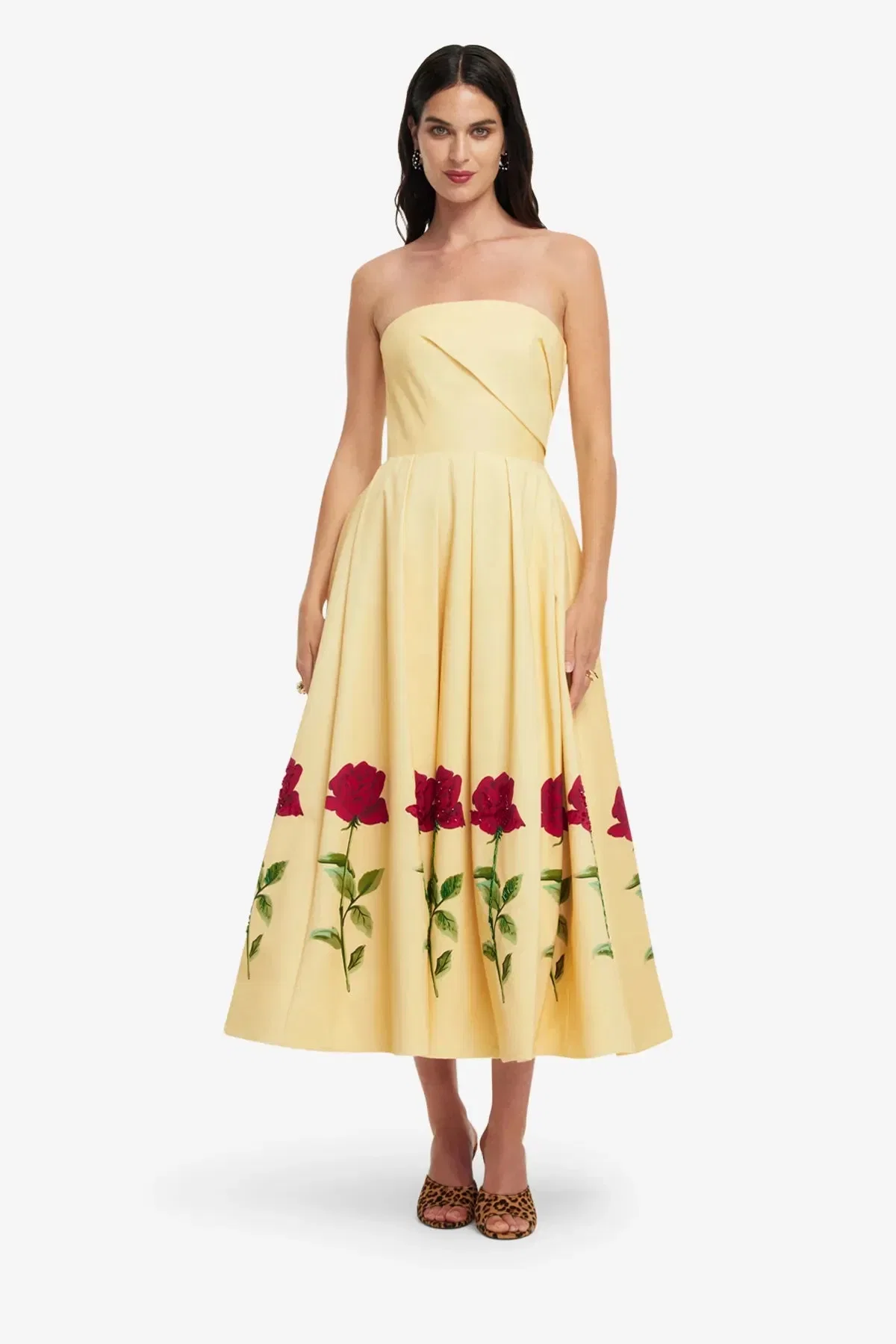 Leo Lin Lynn Embellished Rose Sleeveless Bustier Cotton Midi Dress in Beige
