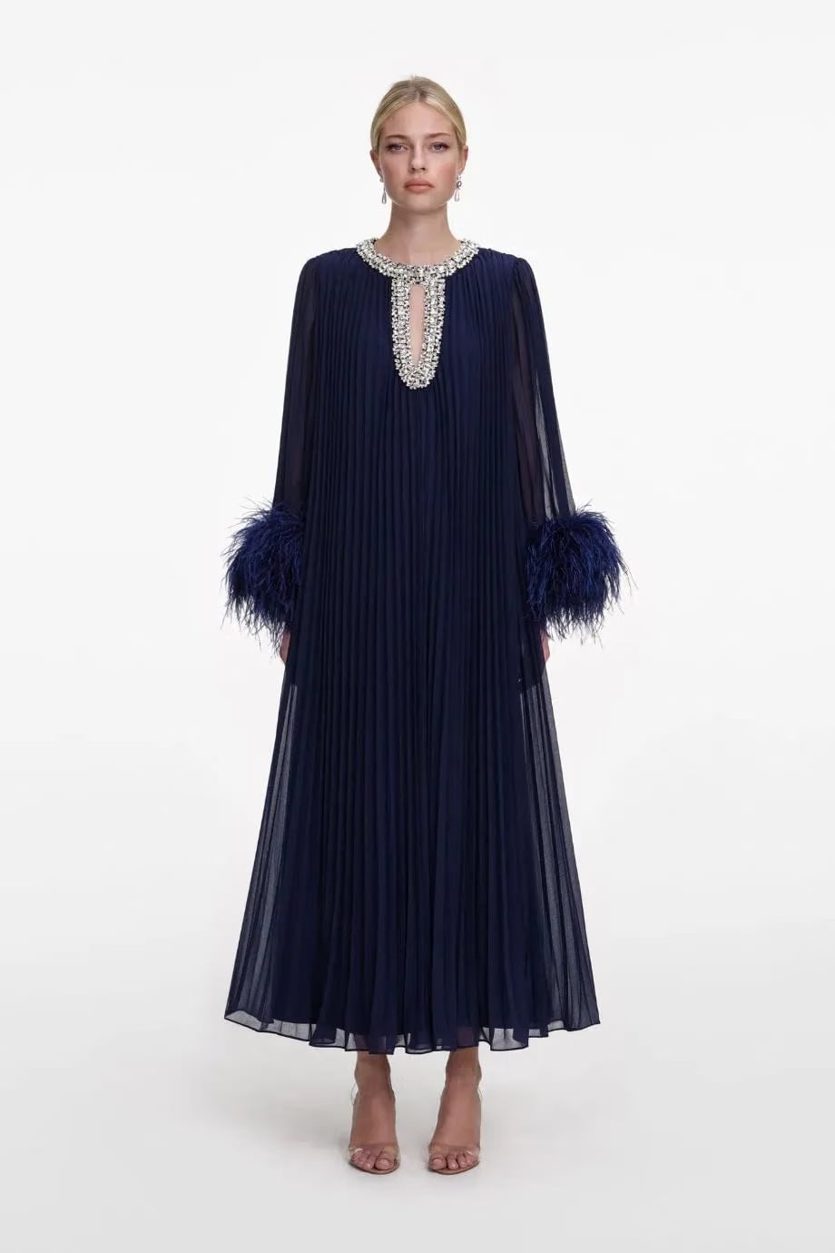 Self-Portrait Chiffon Feather Evening Dress in Blue