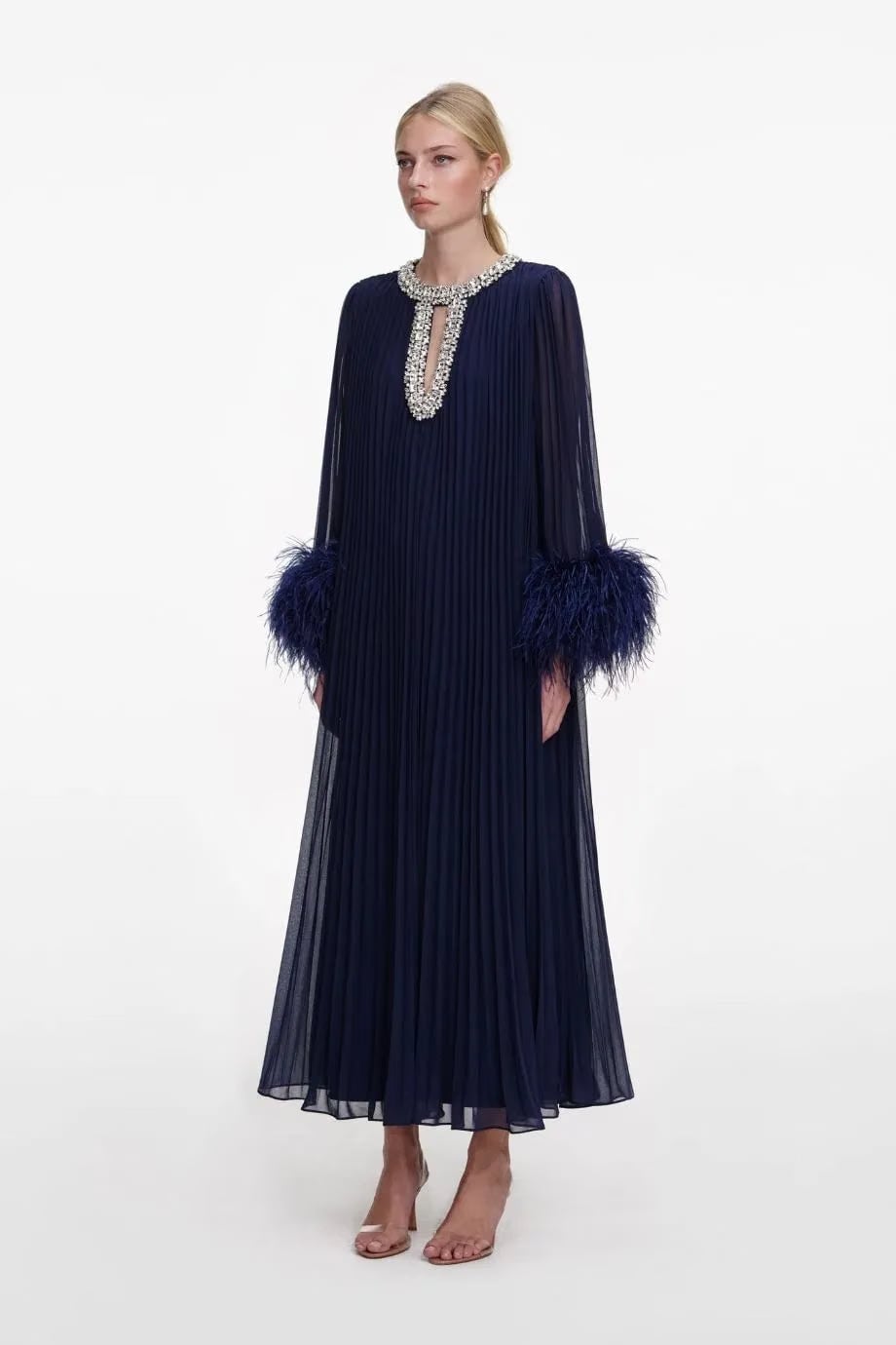 Self-Portrait Chiffon Feather Evening Dress in Blue