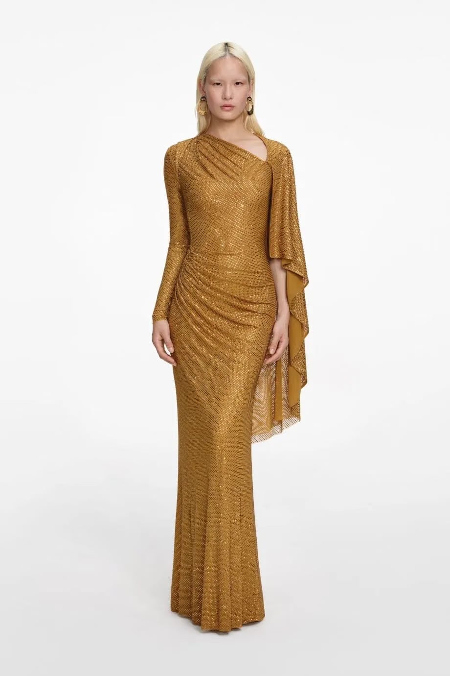Self-Portrait Rhinestone Drape Evening Dress in Gold