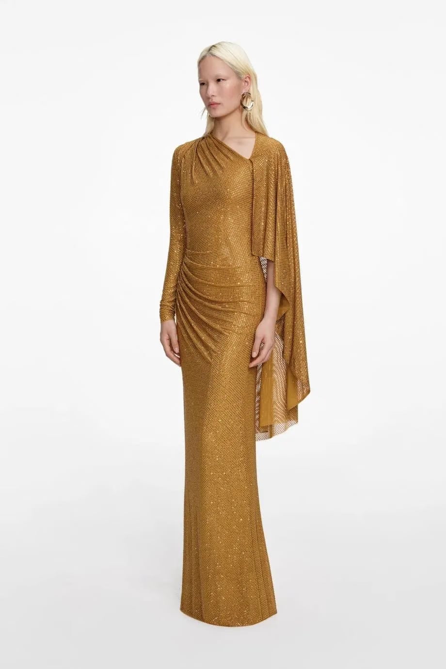 Self-Portrait Rhinestone Drape Evening Dress in Gold