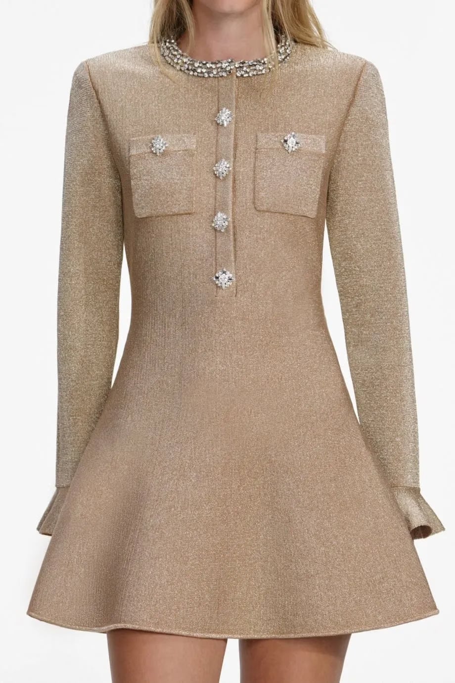 Self-Portrait Collared Crystal Trim Knit Mini Dress in Gold