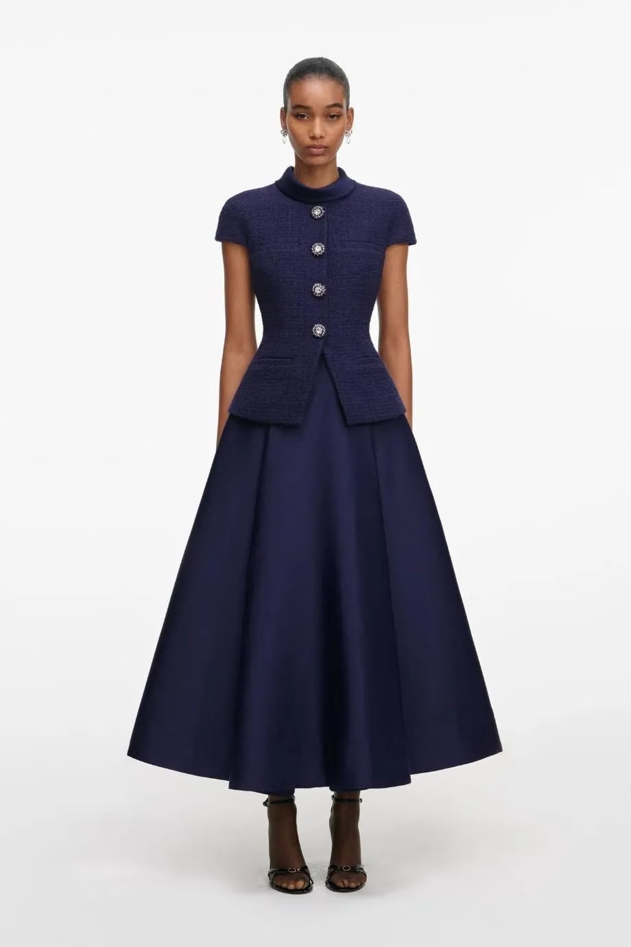 Self-Portrait Collared Boucle Taffeta Midi Dress in Blue