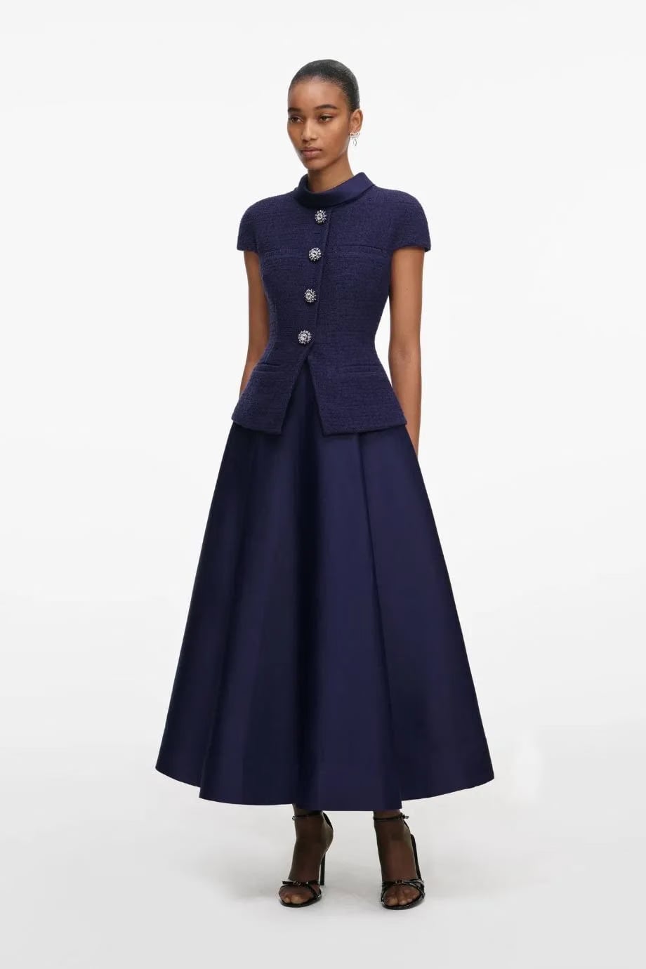 Self-Portrait Collared Boucle Taffeta Midi Dress in Blue