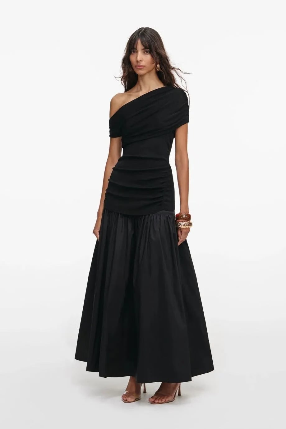 Self-Portrait Cotton Draped Knit Midi Dress in Black
