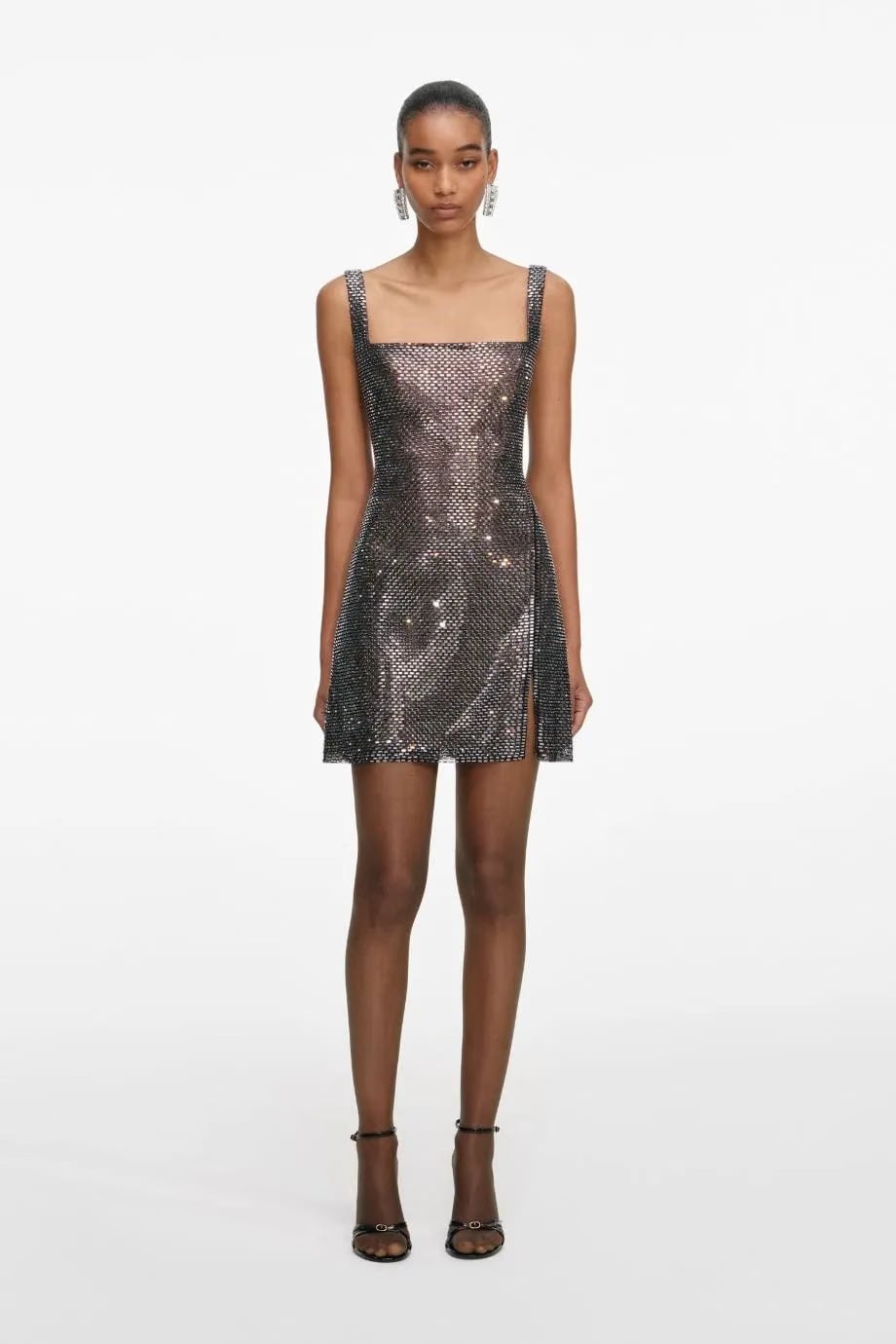 Self-Portrait Sleeveless Rhinestone Mesh Evening Dress in Grey