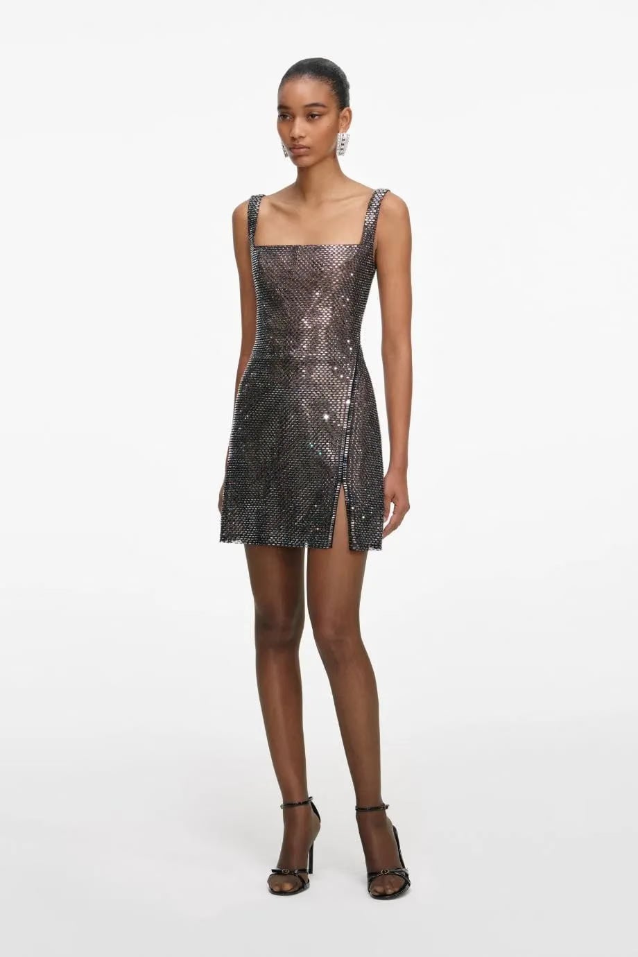 Self-Portrait Sleeveless Rhinestone Mesh Evening Dress in Grey