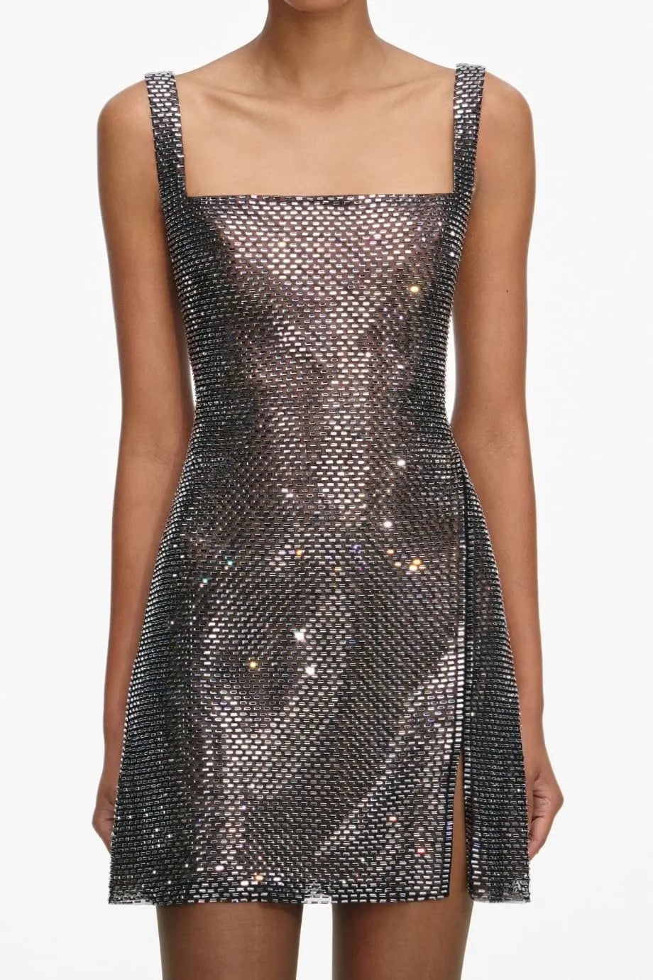 Self-Portrait Sleeveless Rhinestone Mesh Evening Dress in Grey