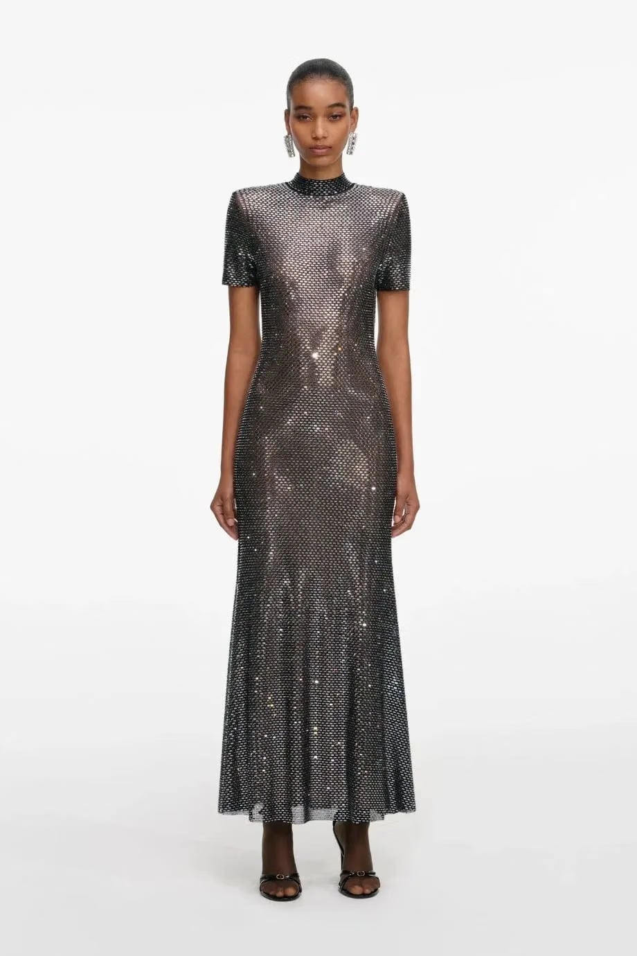 Self-Portrait Rhinestone Mesh Evening Dress in Grey