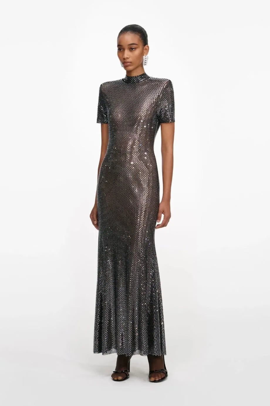 Self-Portrait Rhinestone Mesh Evening Dress in Grey