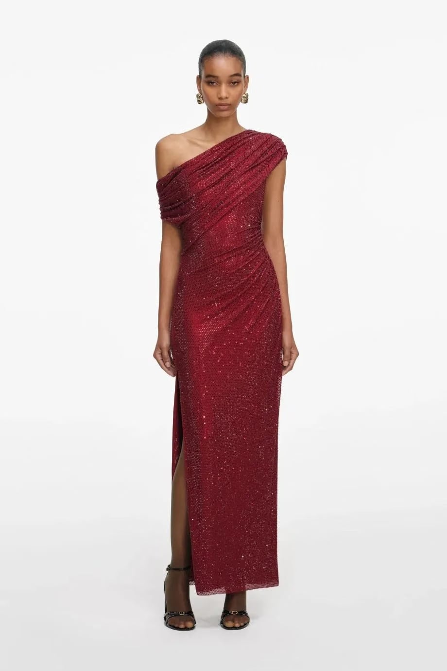 Self-Portrait Rhinestone Drape Evening Dress in Burgundy
