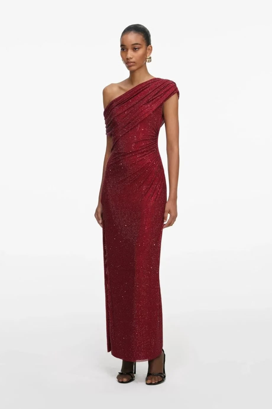 Self-Portrait Rhinestone Drape Evening Dress in Burgundy