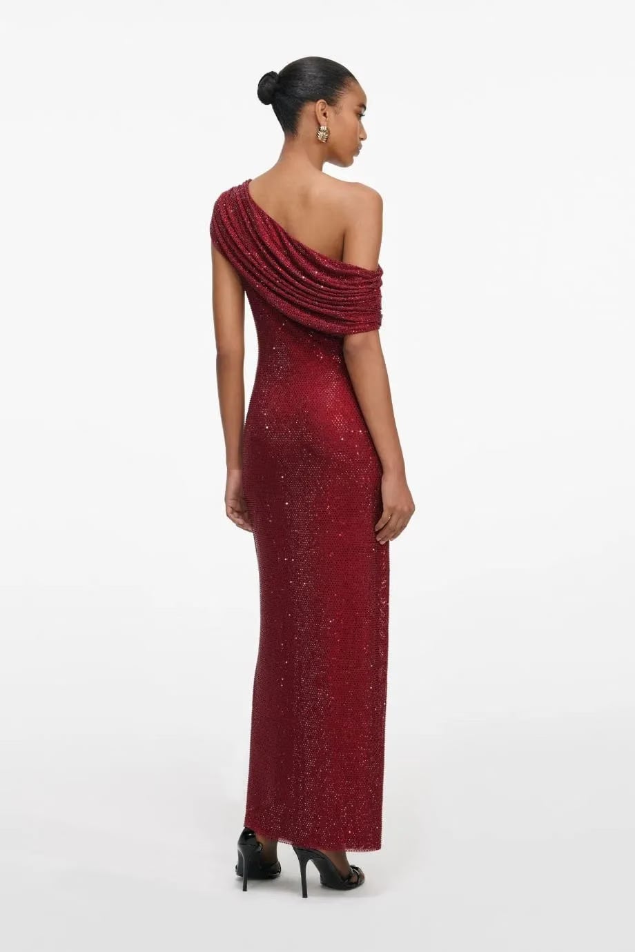 Self-Portrait Rhinestone Drape Evening Dress in Burgundy