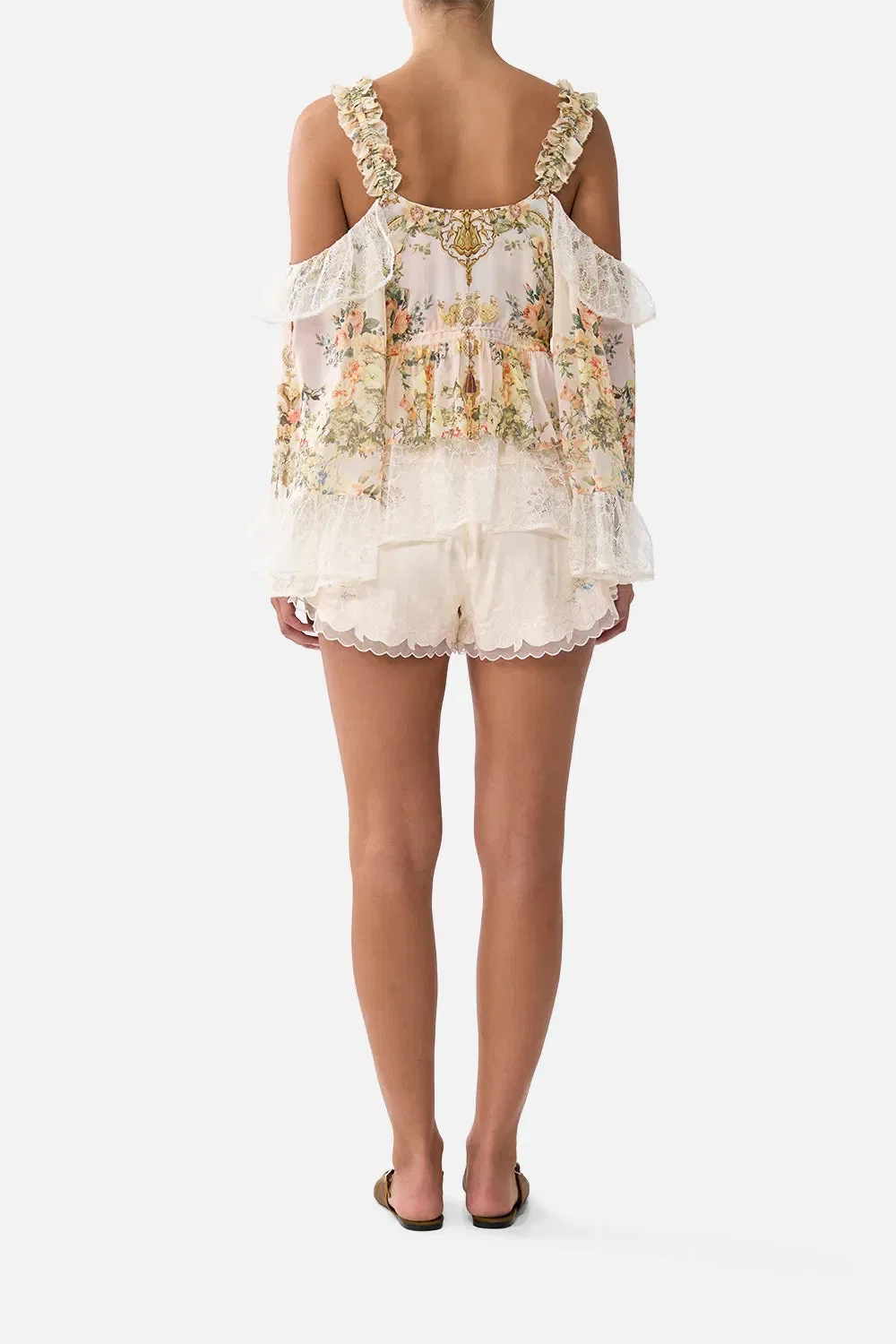 Camilla Twilight in Istanbul High Waisted Flared Floral Shorts in Beige