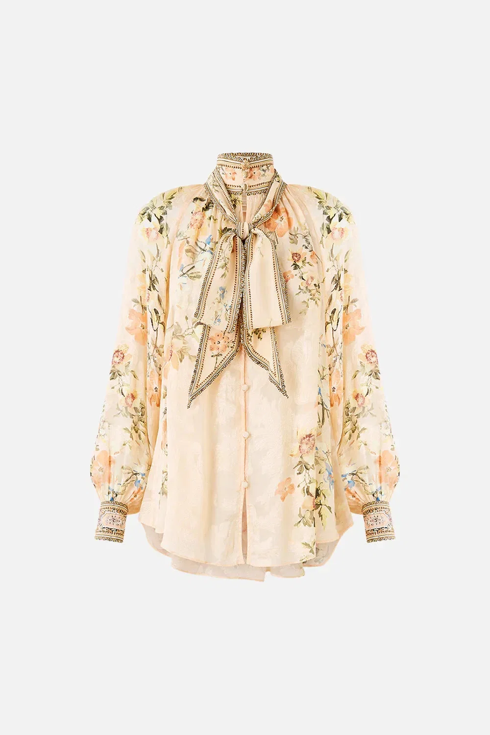 Camilla Twilight in Istanbul Detachable Pussy Bow Raglan Floral Silk Blouse in Beige