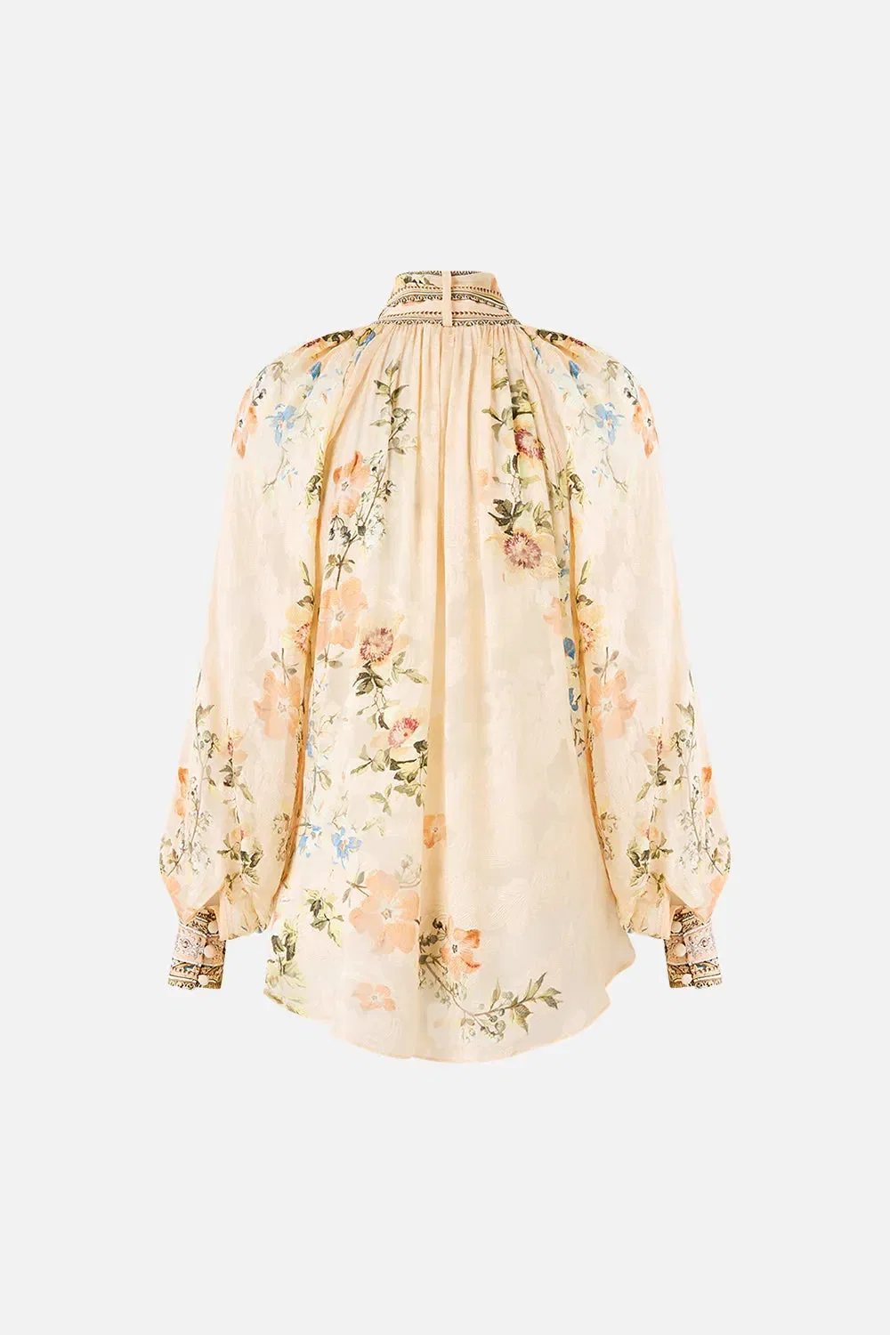Camilla Twilight in Istanbul Detachable Pussy Bow Raglan Floral Silk Blouse in Beige