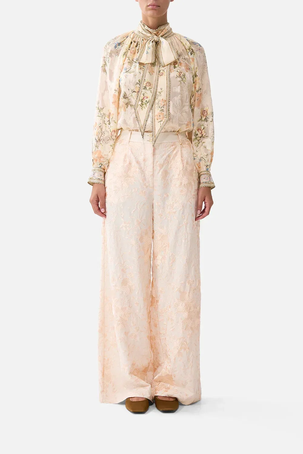 Camilla Twilight in Istanbul Detachable Pussy Bow Raglan Floral Silk Blouse in Beige