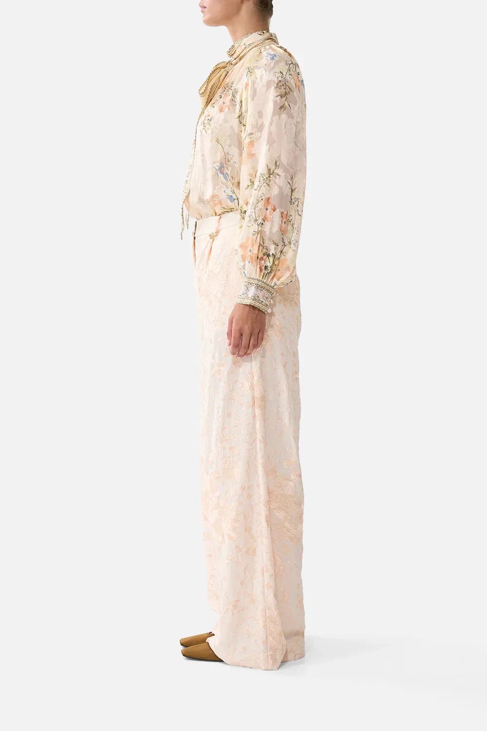Camilla Twilight in Istanbul Detachable Pussy Bow Raglan Floral Silk Blouse in Beige