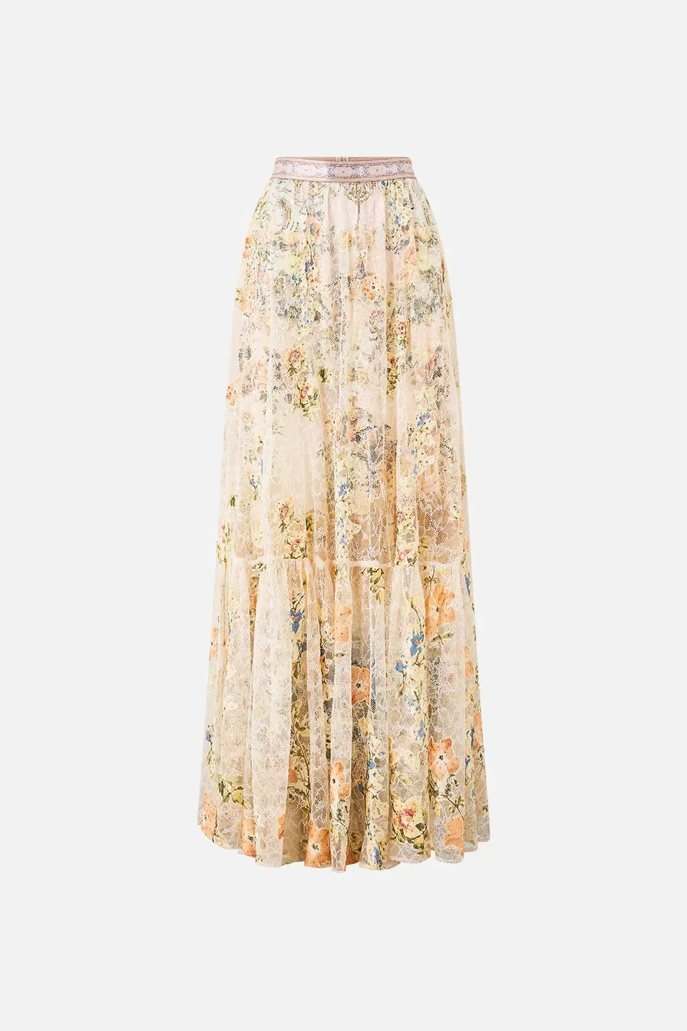 Camilla Twilight in Istanbul Waistband Ruffle Hem Floral Maxi Skirt in Beige